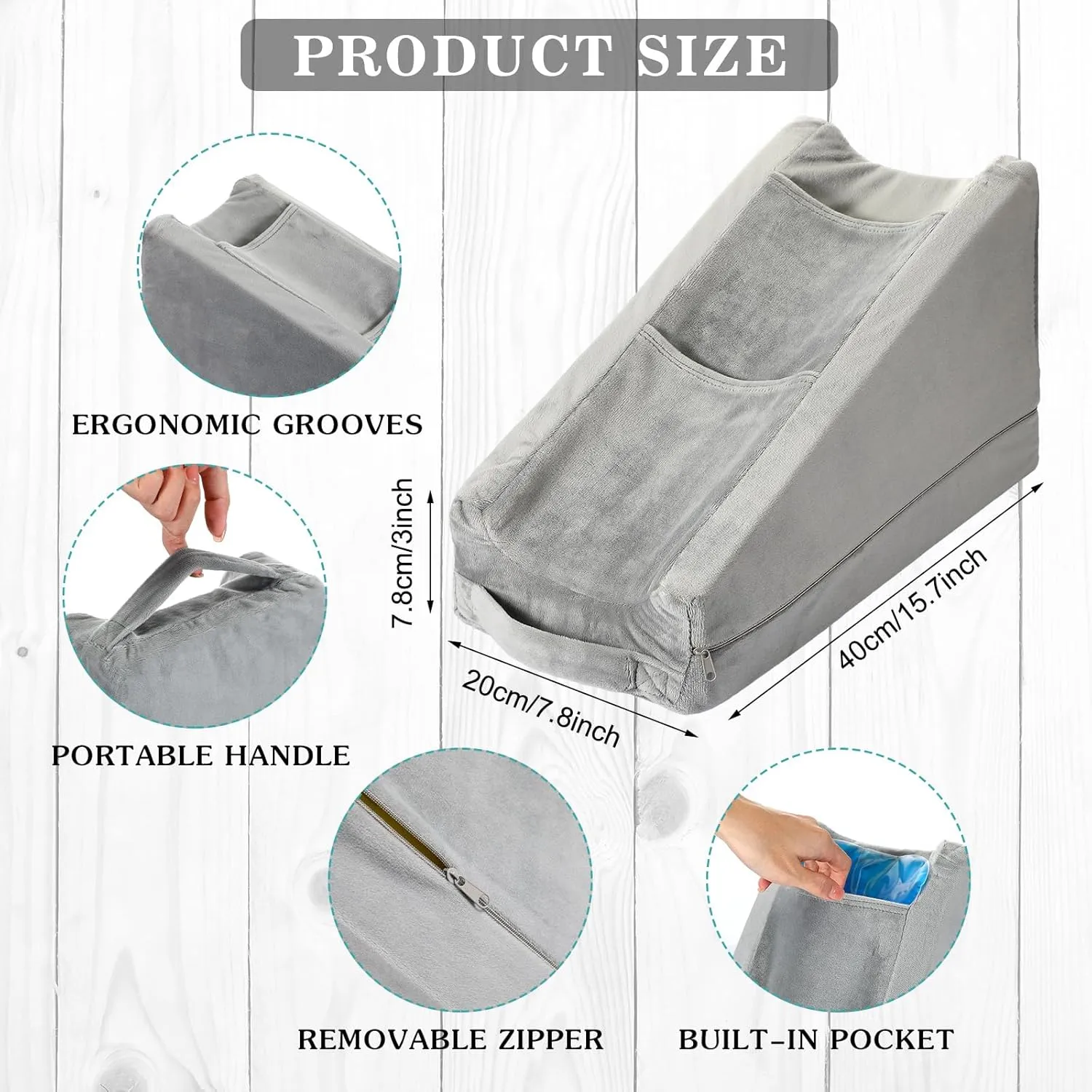 Buryeah Arm Elevation Pillow with 2 Pockets, Soft Ergonomic Support Pillow for Elbow Rest Wedge Broken Arm Gifts with High Density Foam for Recovery Sleeping(Gray)