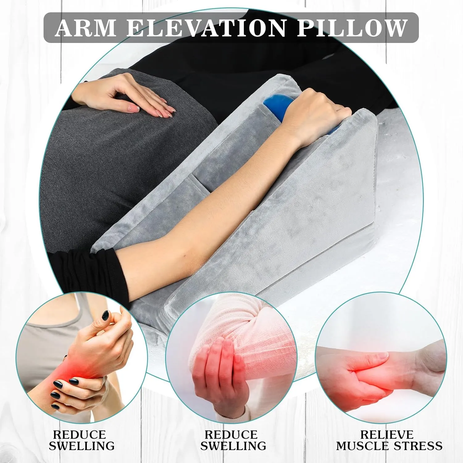 Buryeah Arm Elevation Pillow with 2 Pockets, Soft Ergonomic Support Pillow for Elbow Rest Wedge Broken Arm Gifts with High Density Foam for Recovery Sleeping(Gray)
