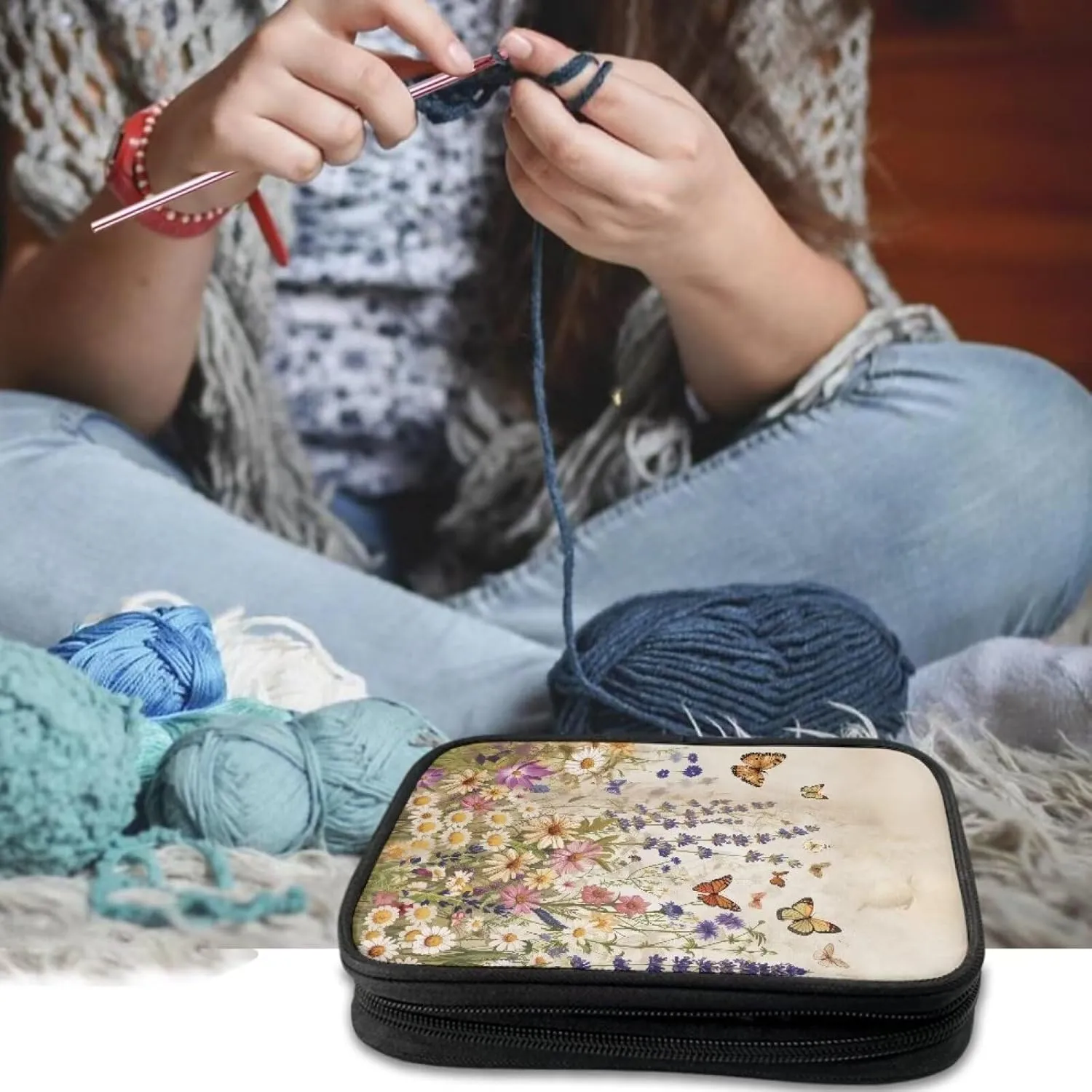 Butterfly Crochet Hook Case Portable Floral Knitting Needle Case without Hooks and Accessories Empty for Airports and Parks