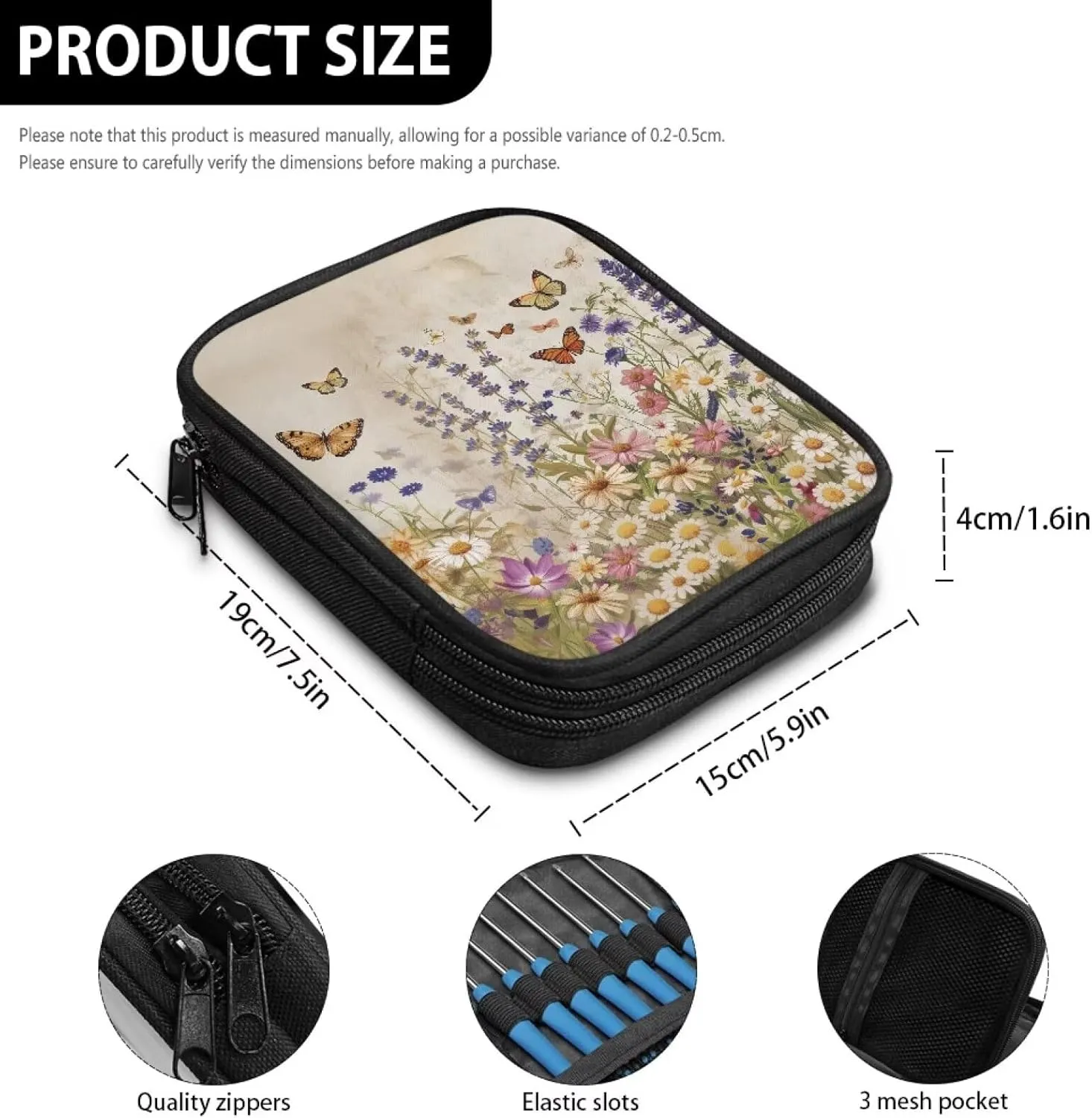 Butterfly Crochet Hook Case Portable Floral Knitting Needle Case without Hooks and Accessories Empty for Airports and Parks