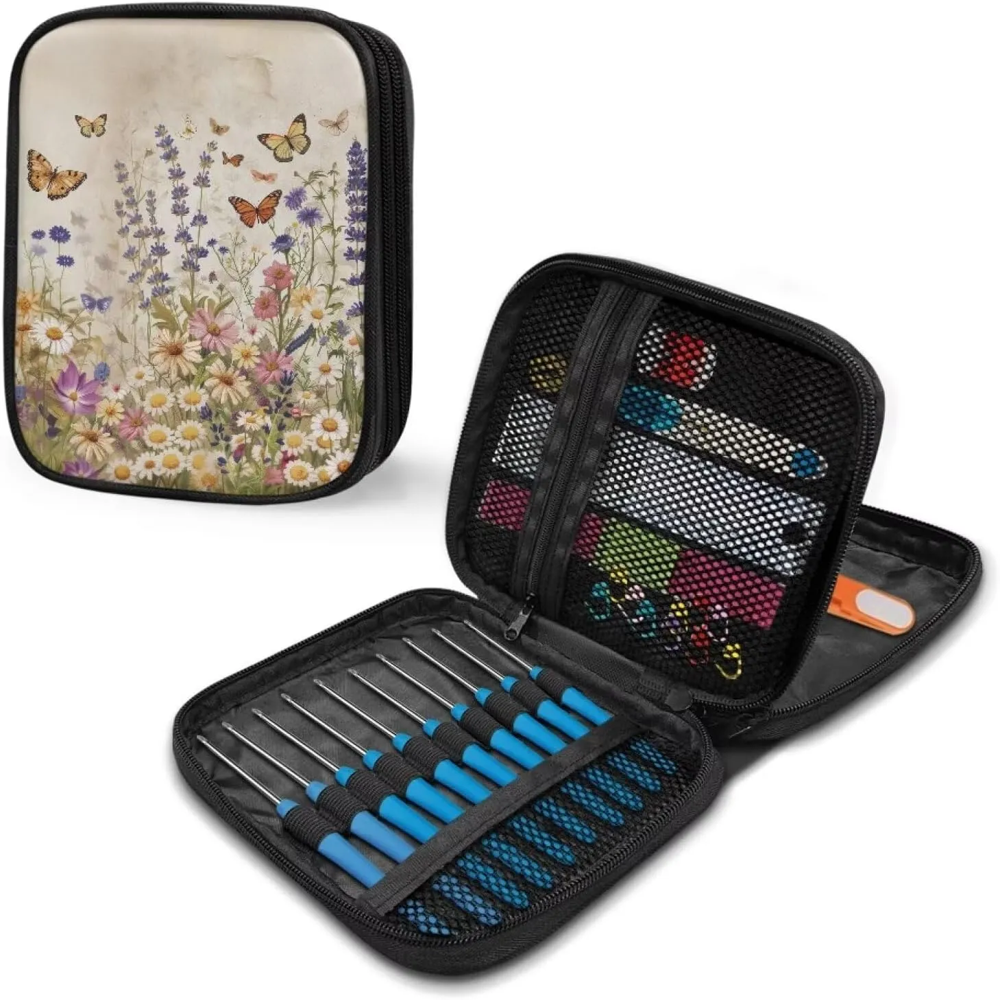 Butterfly Crochet Hook Case Portable Floral Knitting Needle Case without Hooks and Accessories Empty for Airports and Parks