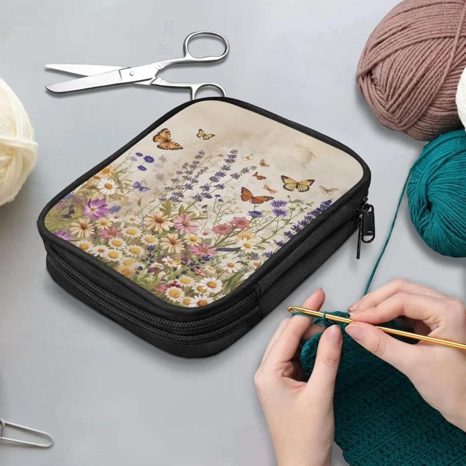 Butterfly Crochet Hook Case Portable Floral Knitting Needle Case without Hooks and Accessories Empty for Airports and Parks