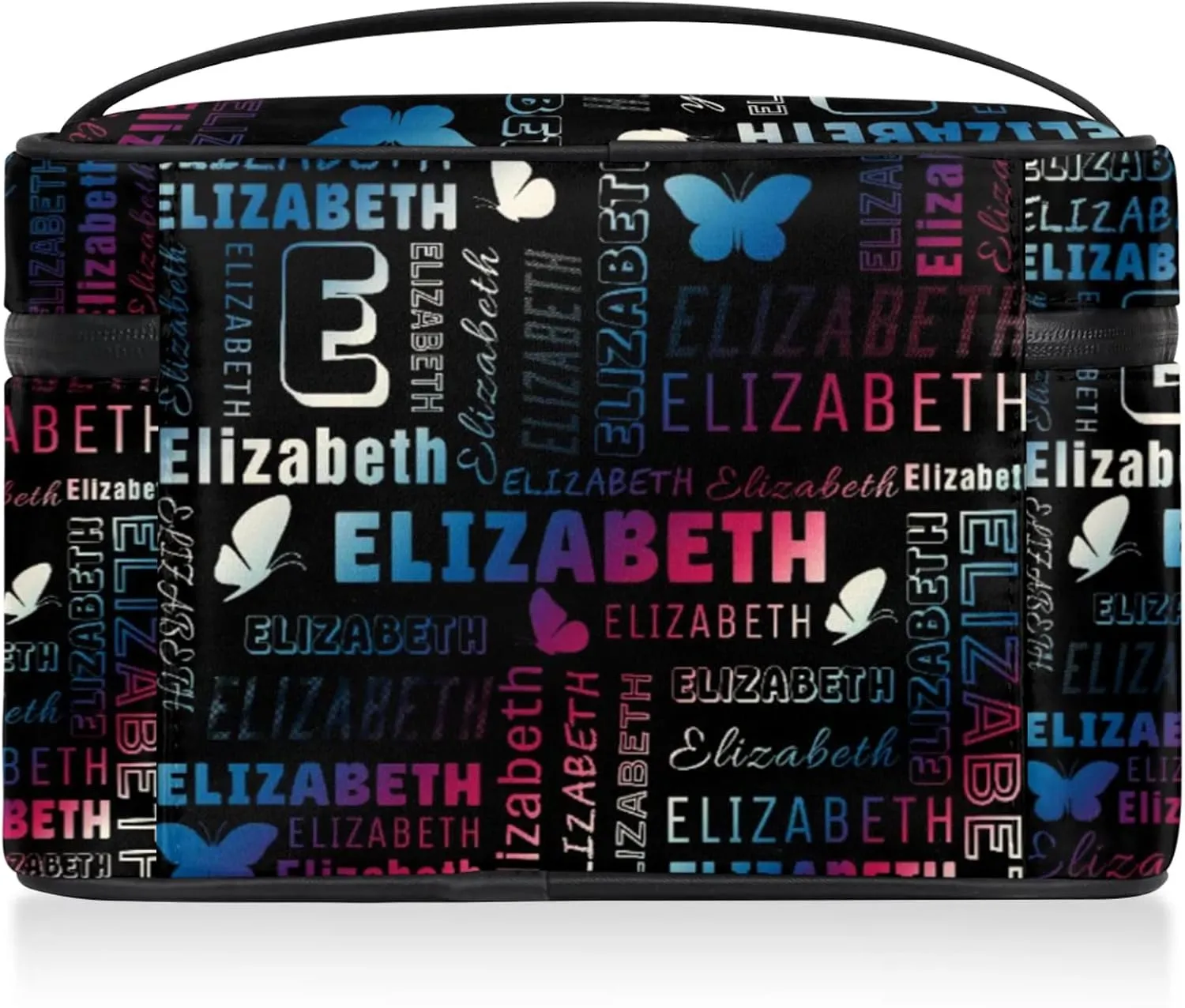 Butterfly Custom Name Makeup Bag Personalized Large Cosmetic Case Portable Travel Make Up Organizer for Women Girls With Handle, Gradient Blue Red