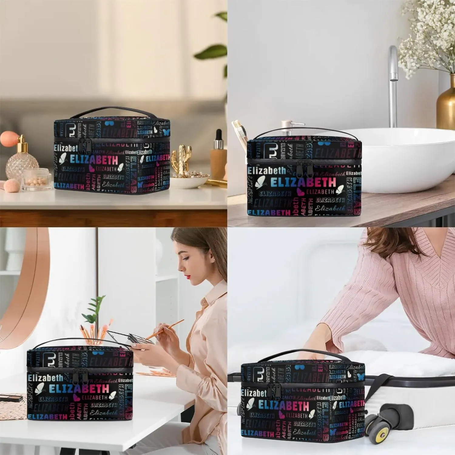 Butterfly Custom Name Makeup Bag Personalized Large Cosmetic Case Portable Travel Make Up Organizer for Women Girls With Handle, Gradient Blue Red