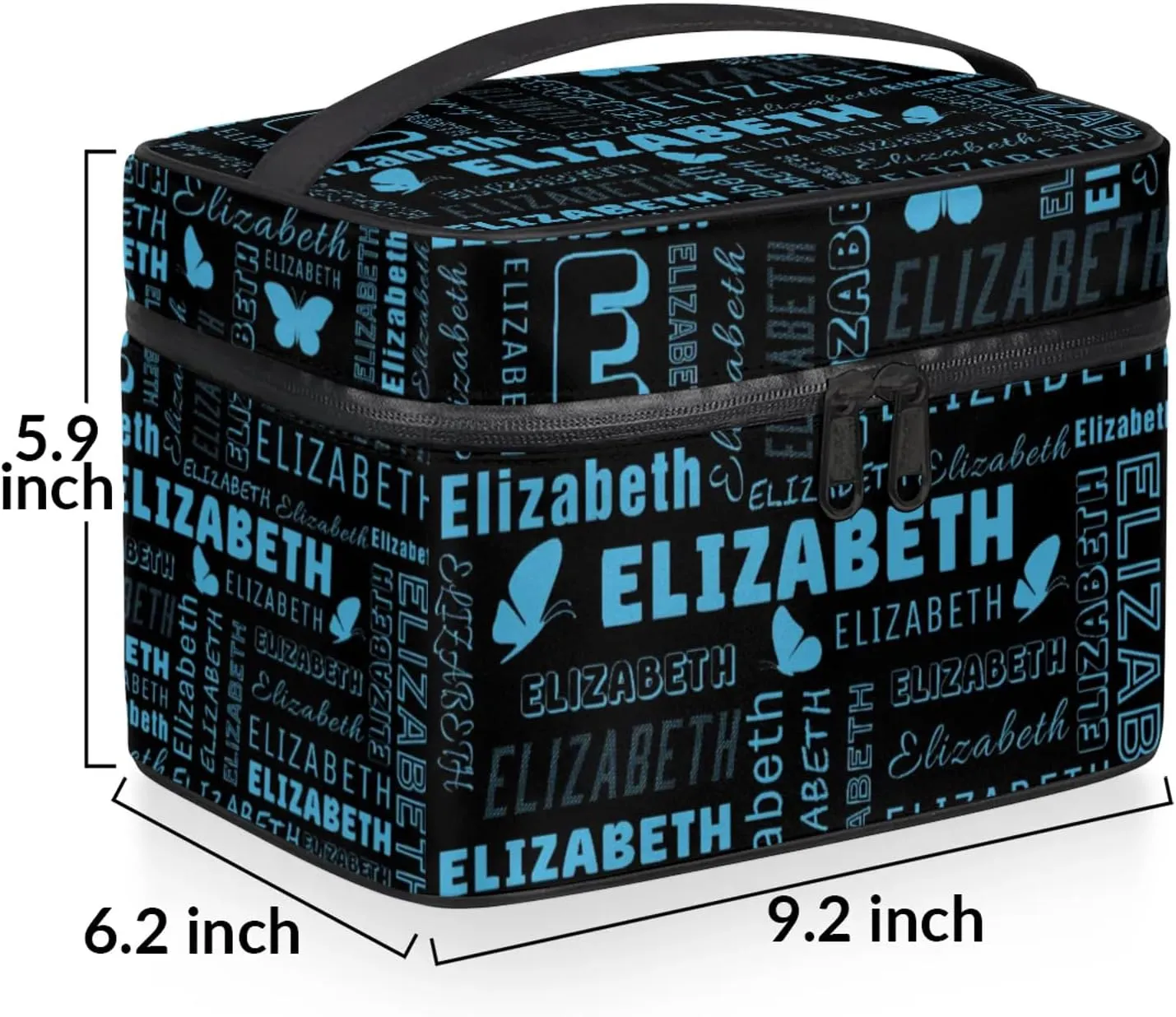 Butterfly Custom Name Makeup Bag Personalized Large Cosmetic Case Portable Travel Make Up Organizer for Women Girls With Handle, Light Blue