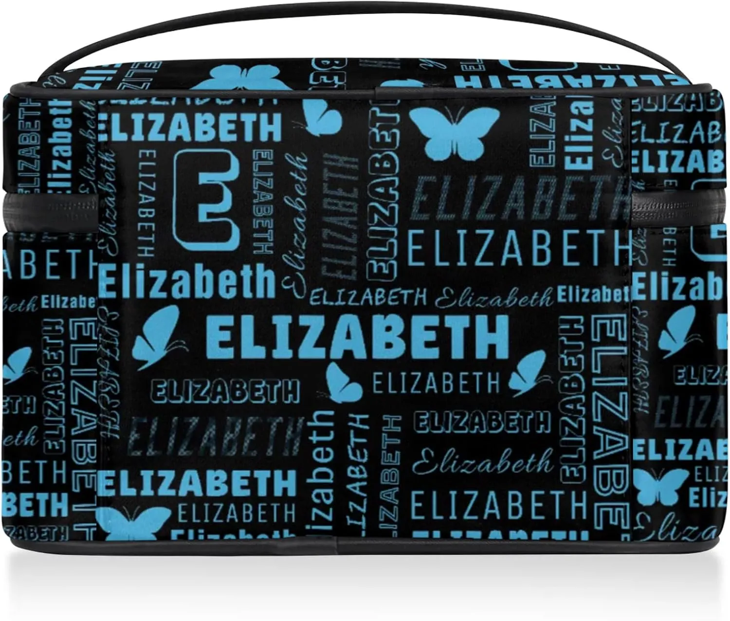 Butterfly Custom Name Makeup Bag Personalized Large Cosmetic Case Portable Travel Make Up Organizer for Women Girls With Handle, Light Blue
