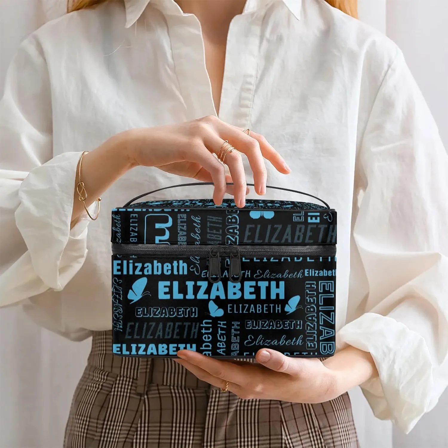 Butterfly Custom Name Makeup Bag Personalized Large Cosmetic Case Portable Travel Make Up Organizer for Women Girls With Handle, Light Blue