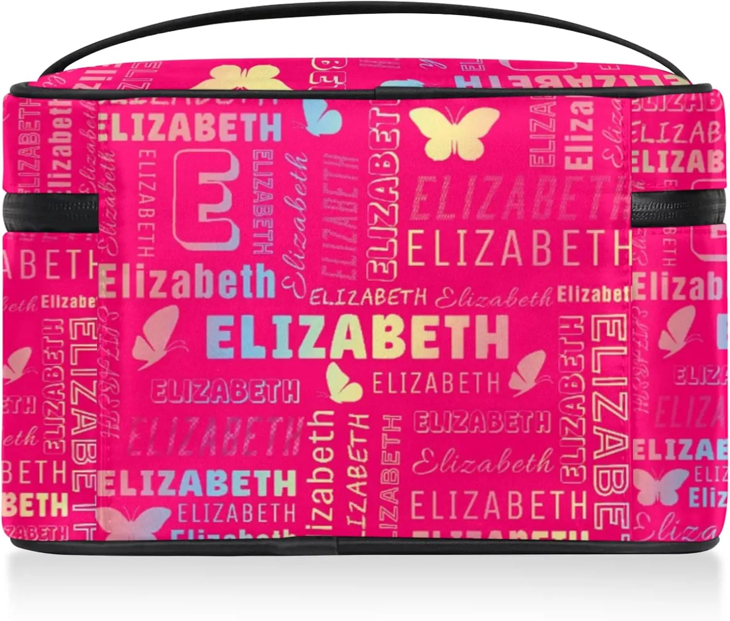 Butterfly Custom Name Makeup Bag Personalized Large Cosmetic Case Portable Travel Make Up Organizer for Women Girls With Handle, Rainbow Bright Pink