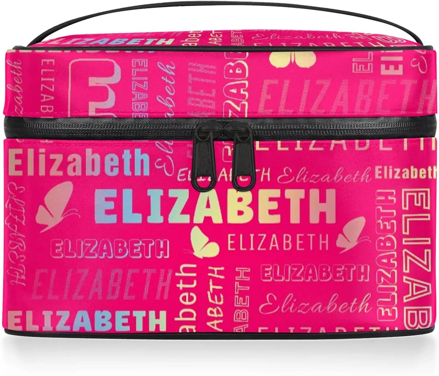 Butterfly Custom Name Makeup Bag Personalized Large Cosmetic Case Portable Travel Make Up Organizer for Women Girls With Handle, Rainbow Bright Pink