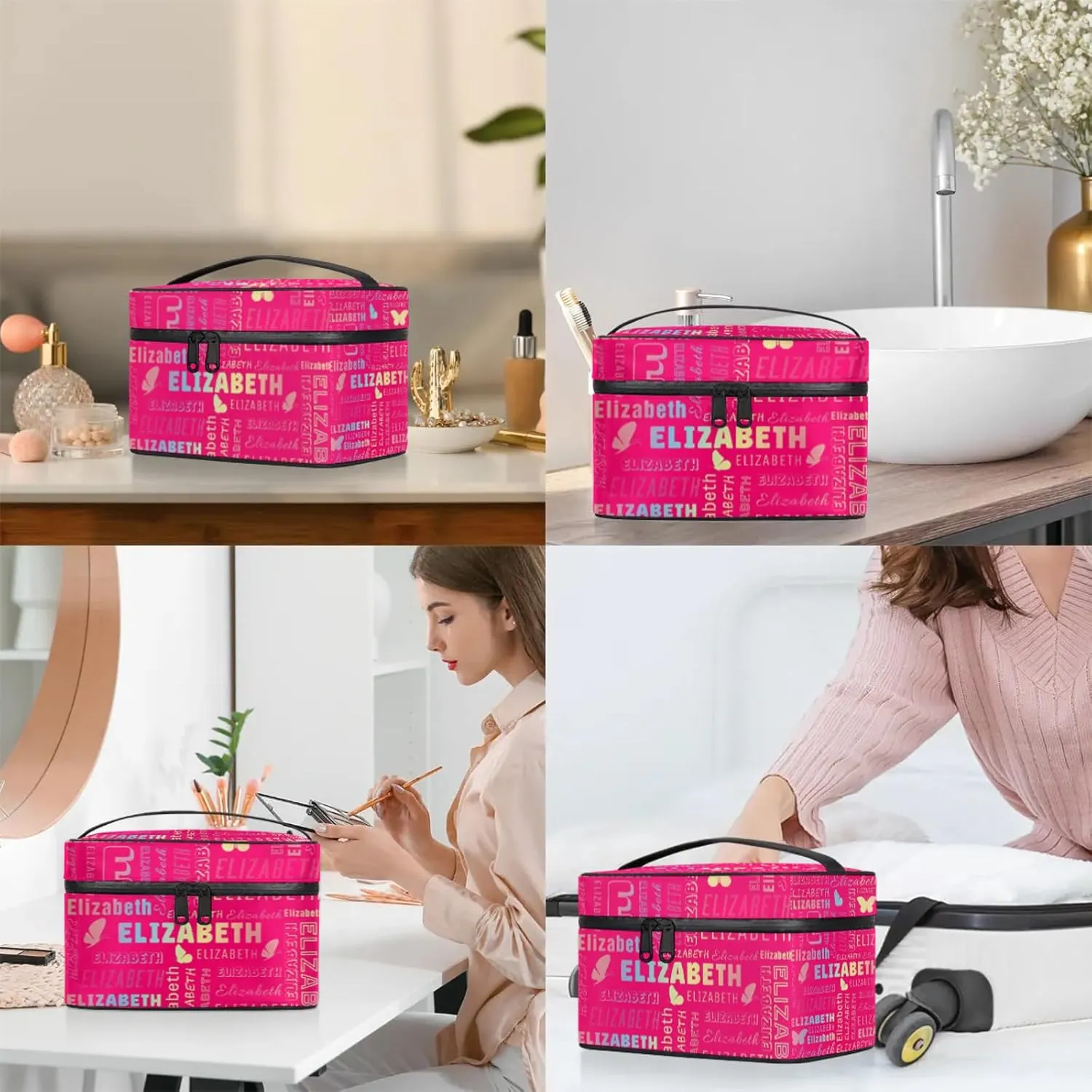Butterfly Custom Name Makeup Bag Personalized Large Cosmetic Case Portable Travel Make Up Organizer for Women Girls With Handle, Rainbow Bright Pink