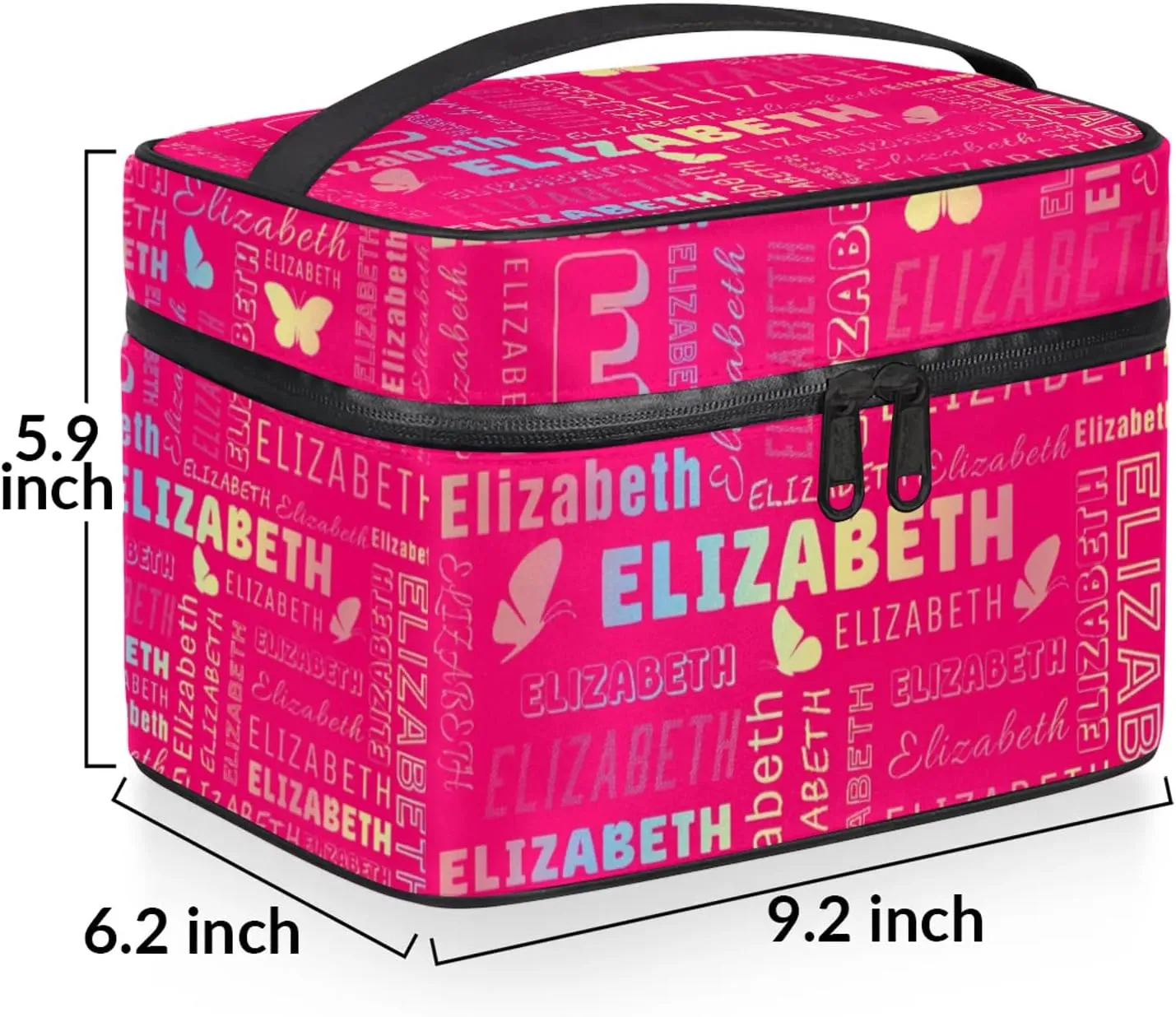 Butterfly Custom Name Makeup Bag Personalized Large Cosmetic Case Portable Travel Make Up Organizer for Women Girls With Handle, Rainbow Bright Pink