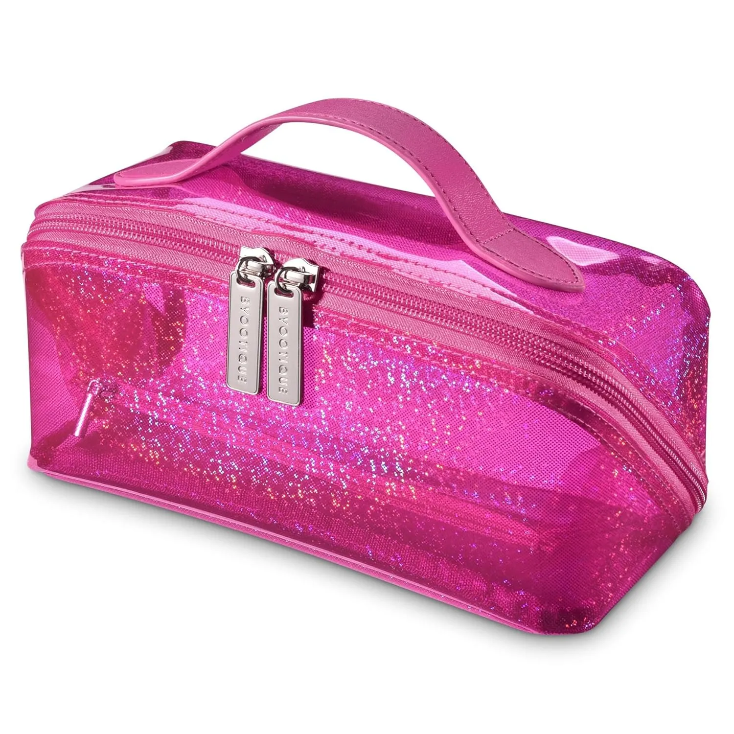 BYOOTIQUE Portable Makeup Bag Zippered Makeup Water-resistant Organizer PVC Open Flat with Handle/Divider Pocket Travel Toiletry Organizer Pouch For Travel Daily Use,Pink