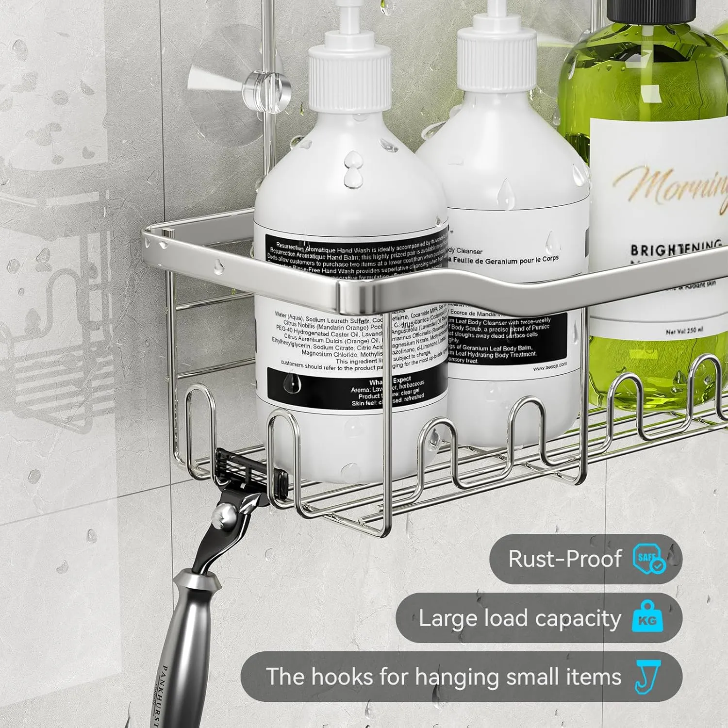 BYT Shower Caddy Hanging Organizer, Basket with Hooks, Storage Shelf No Drilling, Rack for Shower Faucet or Cross Bar (Silver)