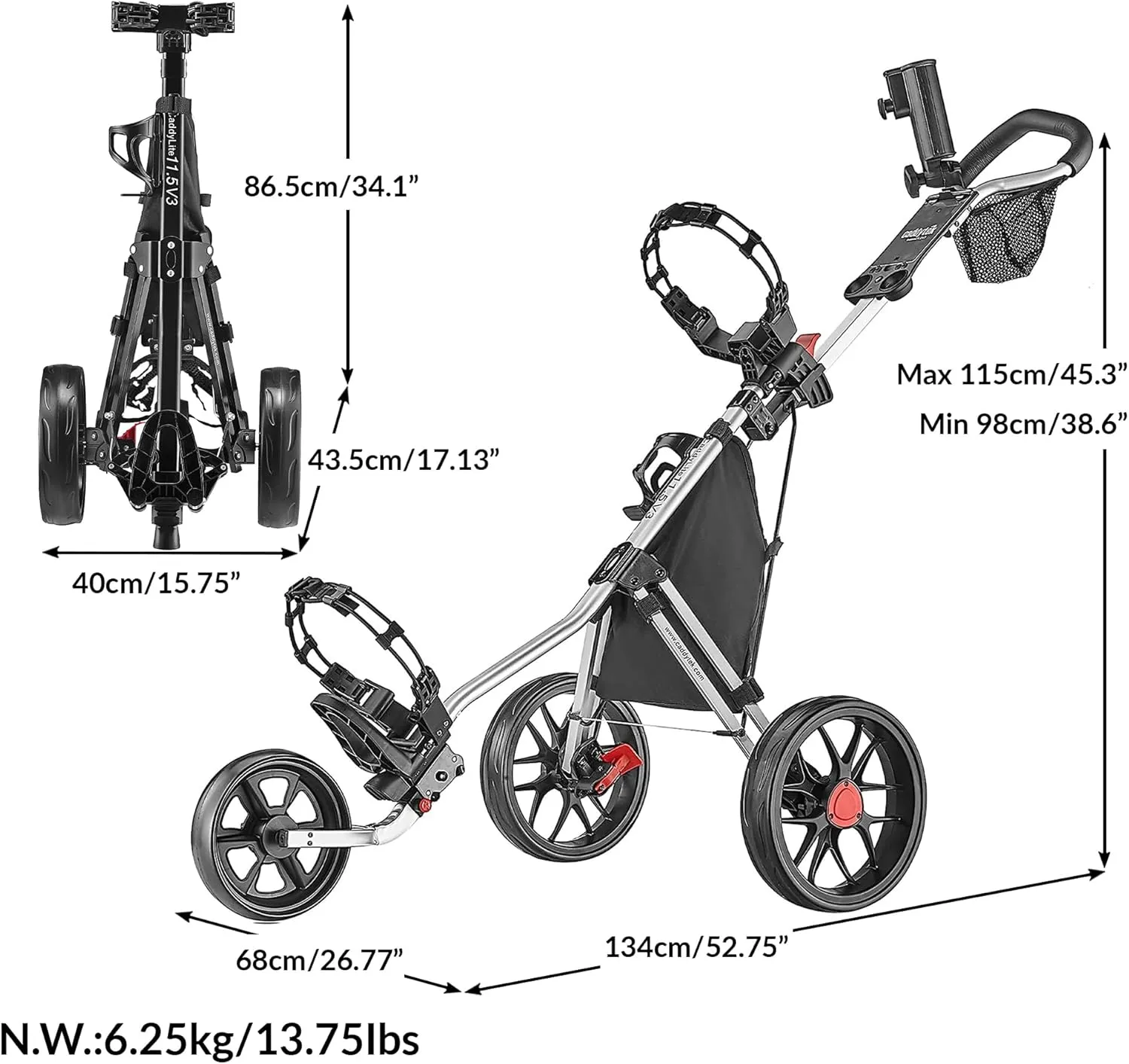 CaddyTek CaddyLite 11.5 Version 3 Golf Push Cart – 3-Wheel, SuperLite Deluxe, Lightweight, Easy to Fold, Compact & Portable