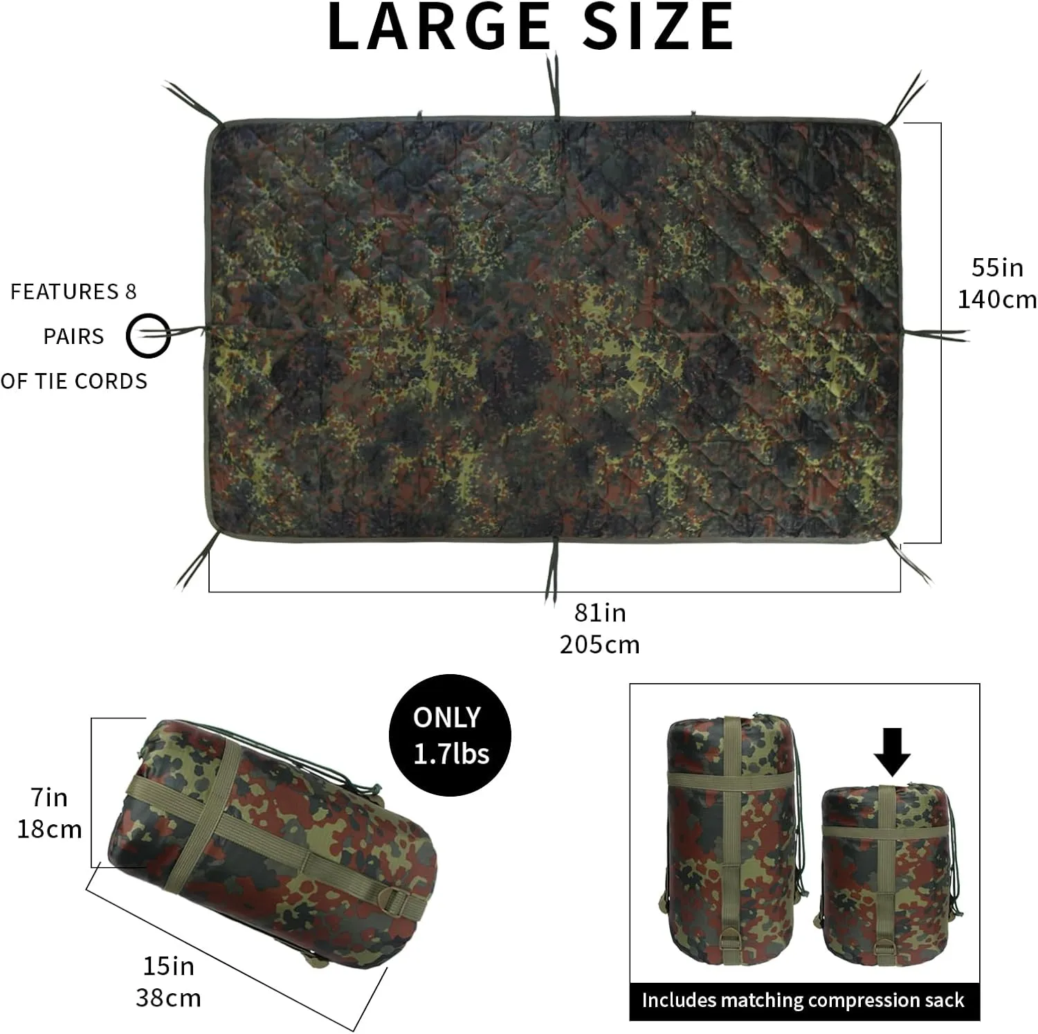 Camo Poncho Liner, Army Blanket, Military Sleeping Bag, with A Compression Carrying Bag, for Traveling, Hiking, Camping, Outdoor Survival, Car Blanket