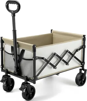 CAMTOP Collapsible Wagon Cart Foldable Wagon Portable Heavy Duty Folding Wagons with Braking Wheels Lightweight Outdoor Utility Wagon for Shopping, Sports, Camping, Garden, Grocery, Beach (Beige)