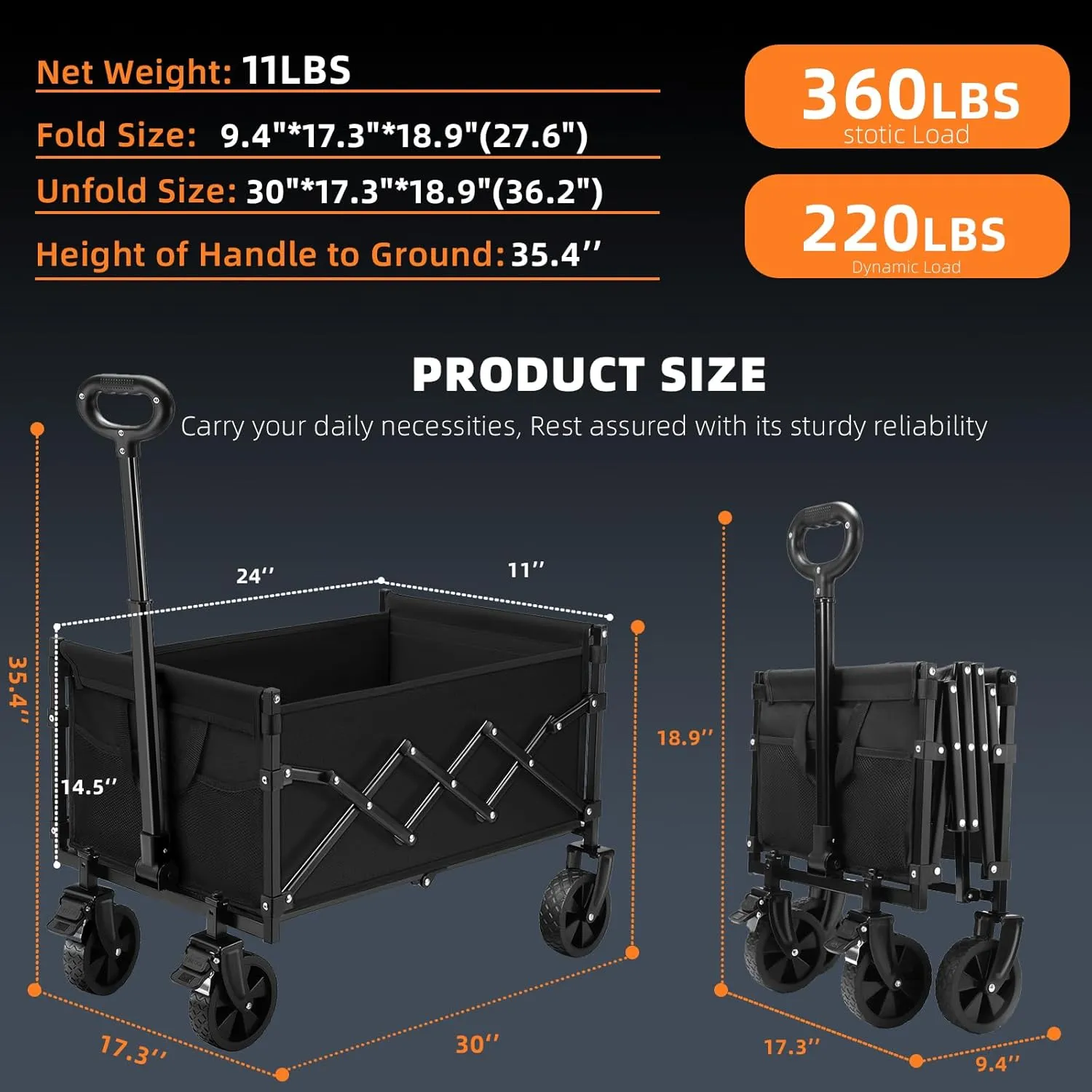 CAMTOP Collapsible Wagon Cart Foldable Wagon Portable Heavy Duty Folding Wagons with Braking Wheels Lightweight Outdoor Utility Wagon for Shopping, Sports, Camping, Garden, Grocery, Beach (Black)