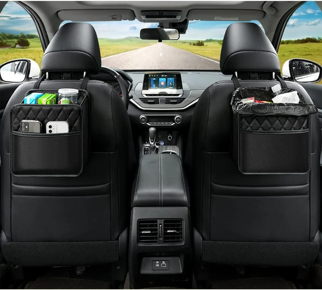 Car Back Seat Organizer, Hanging PU Leather Car Storage Bag, Compatible with Most Vehicles Interior Accessories Organizer (Black(2Pack))