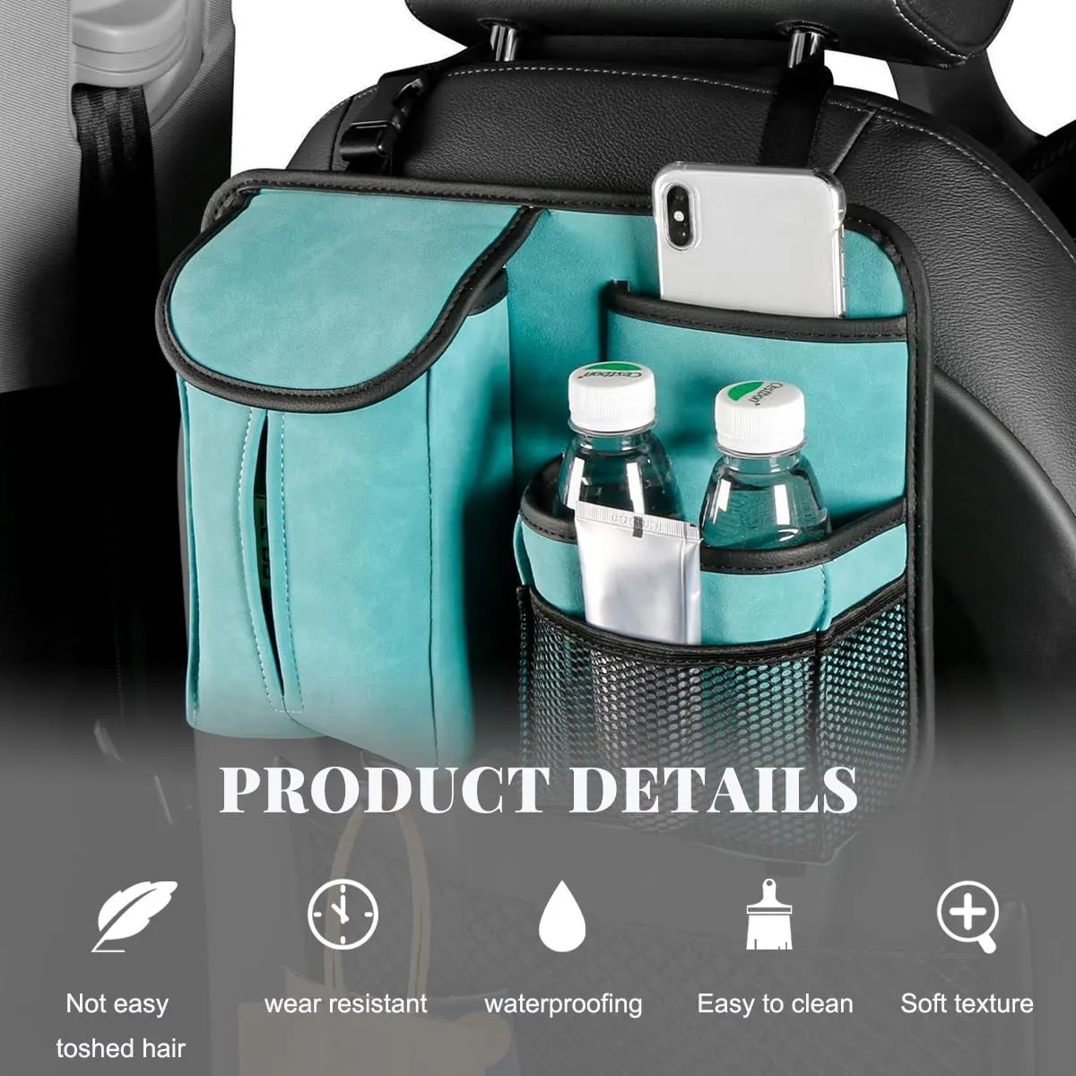 Car Back Seat Organizer, Multi Pockets Car Hanging Seat Back Headrest Organizer with Hook, Durable Car Seat Storage Bag, Universal Travel Accessories with Tissue Box Net Pocket (Blue)