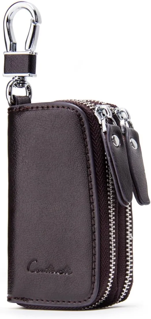 Car Key Case Small Leather Double Zipper Key Holder with 4 Keyrings Keys Organizer for Men Women