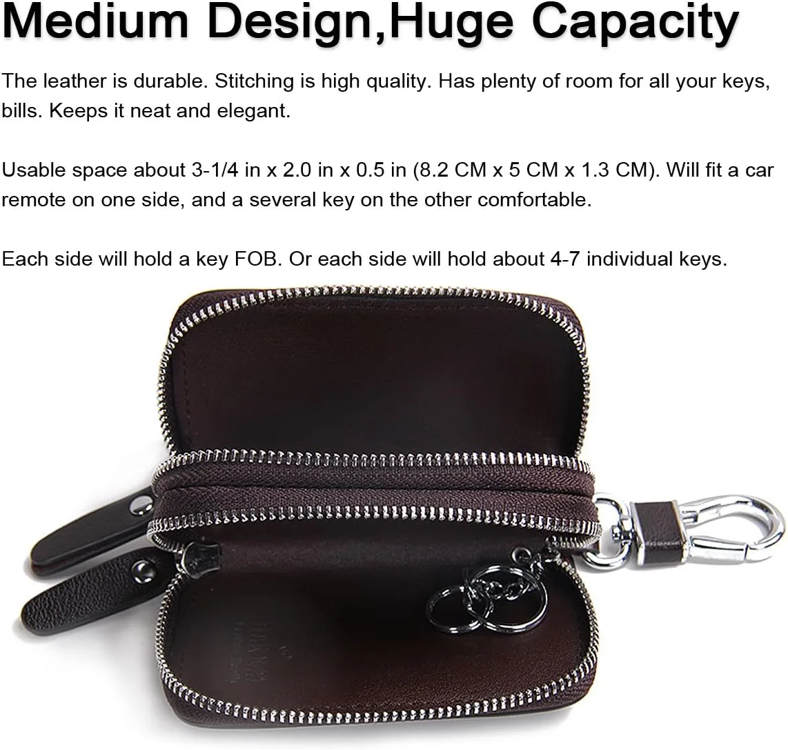 Car Key Case Small Leather Double Zipper Key Holder with 4 Keyrings Keys Organizer for Men Women