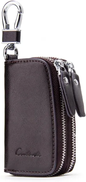 Car Key Case Small Leather Double Zipper Key Holder with 4 Keyrings Keys Organizer for Men Women