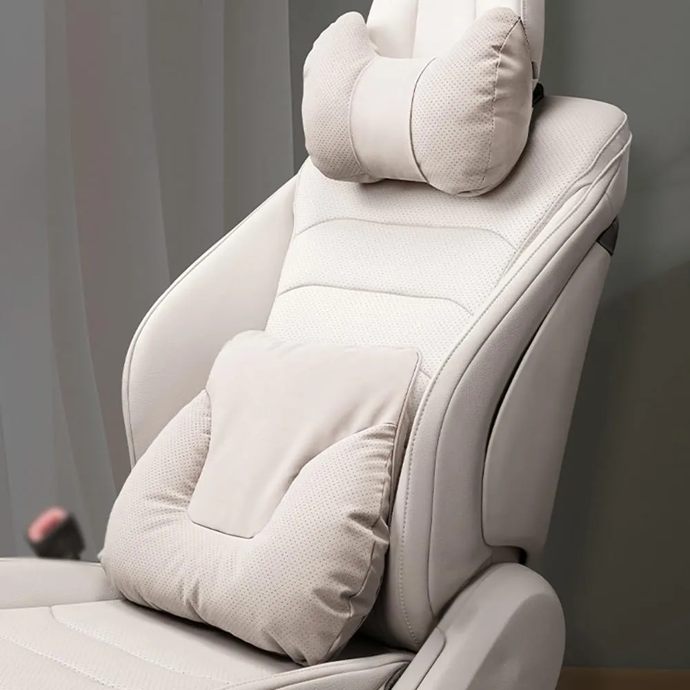 Car Neck Pillow Set for Mazda Biante 2008 2009 2010 2011 2012 2013, Leather Car Headrest Lumbar Support Waist Backrest Head Support Cushion,BeigeWhite