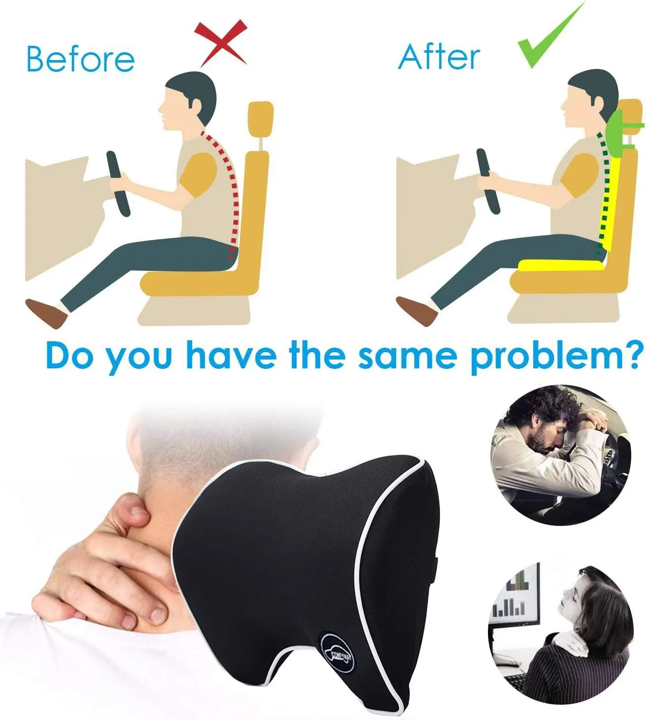 Car Neck Support Pillow for Neck Pain Relief When Driving,Headrest Pillow for Car Seat with Soft Memory Foam – Black