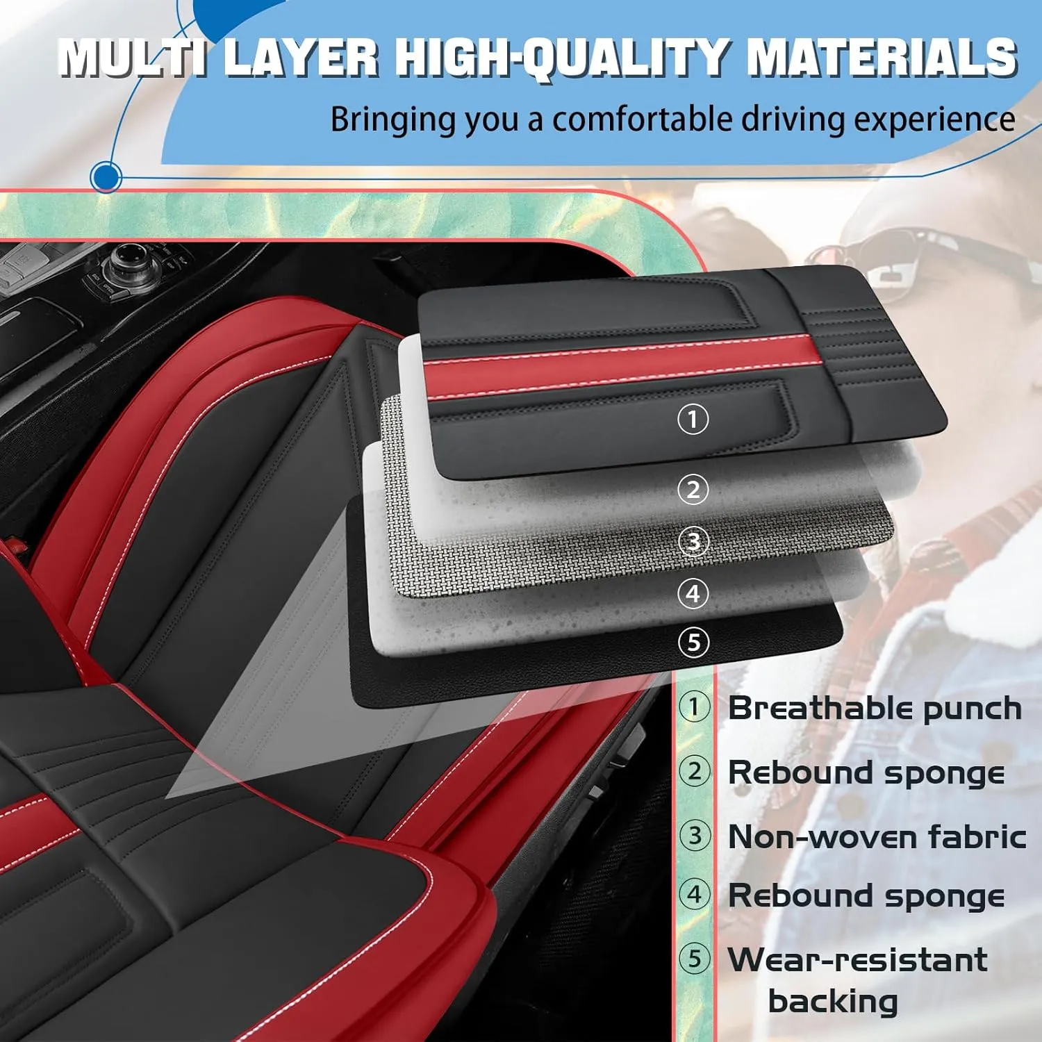 Car Seat Covers Fit for Porsche Macan 2015-2024 - Premium Nappa Leather Side Airbag Compatibility Car Seat Protectors(Full Set with Pillow, Black & Red)