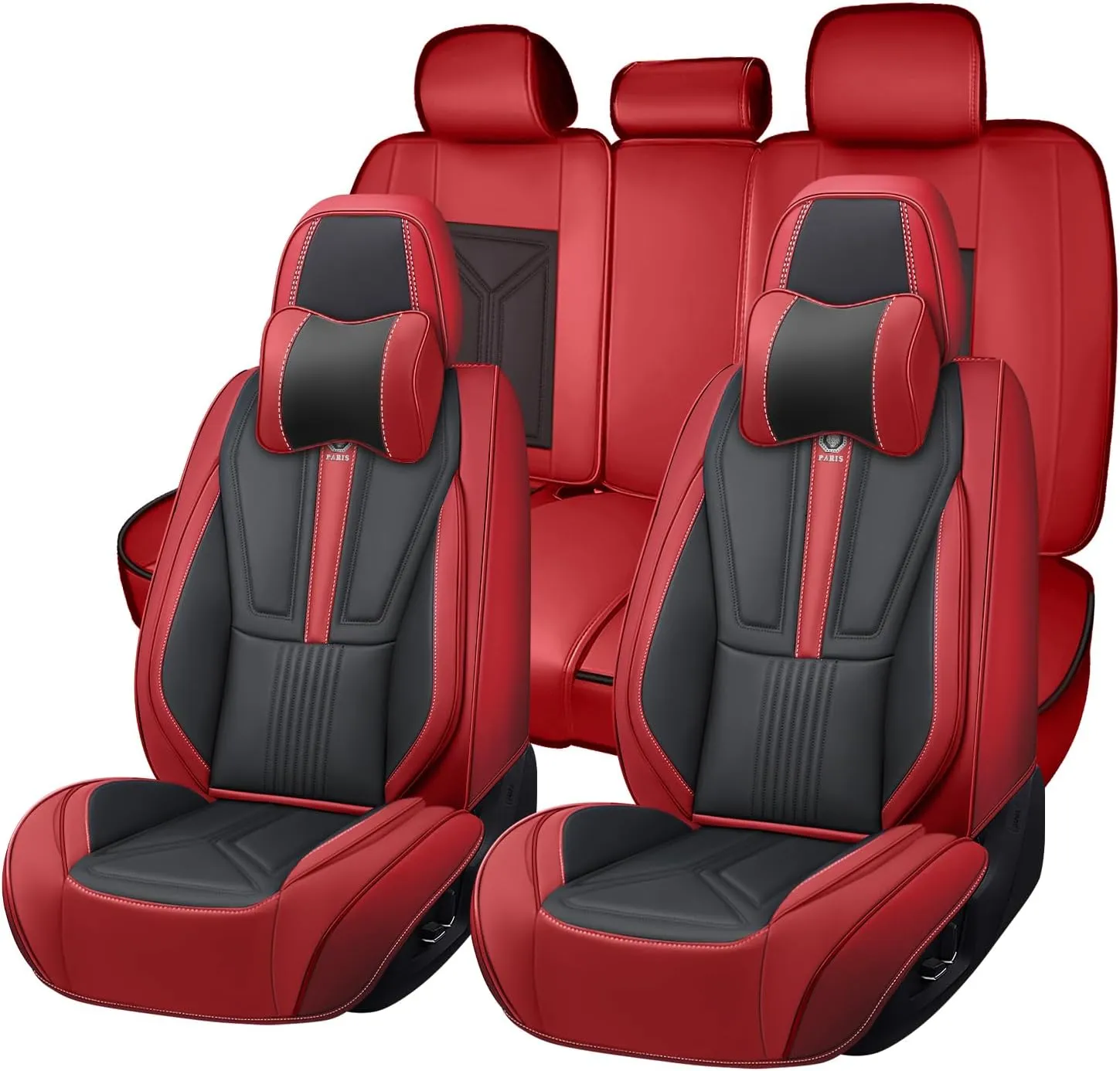 Car Seat Covers Fit for Porsche Macan 2015-2024 - Premium Nappa Leather Side Airbag Compatibility Car Seat Protectors(Full Set with Pillow, Black & Red)