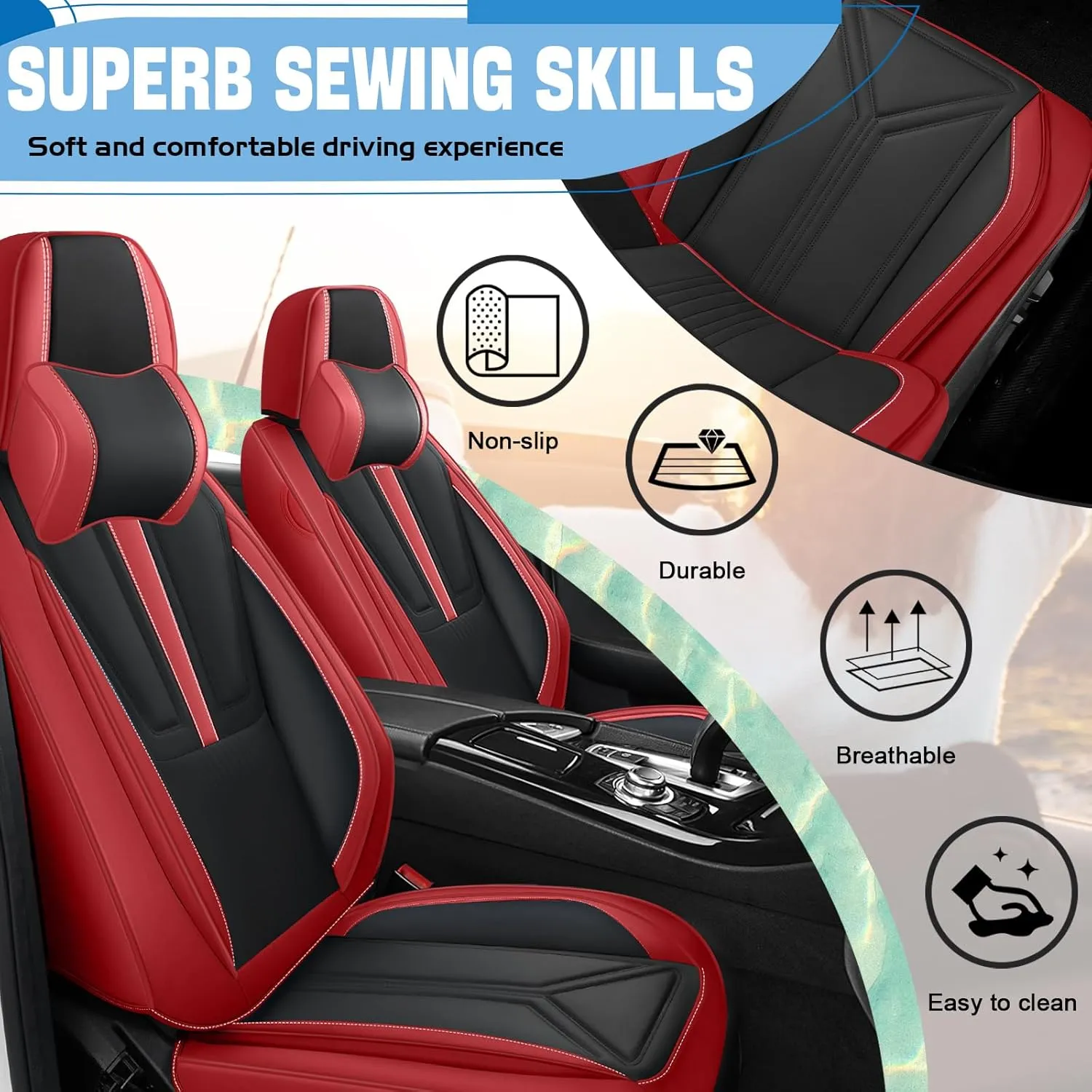Car Seat Covers Fit for Porsche Macan 2015-2024 - Premium Nappa Leather Side Airbag Compatibility Car Seat Protectors(Full Set with Pillow, Black & Red)