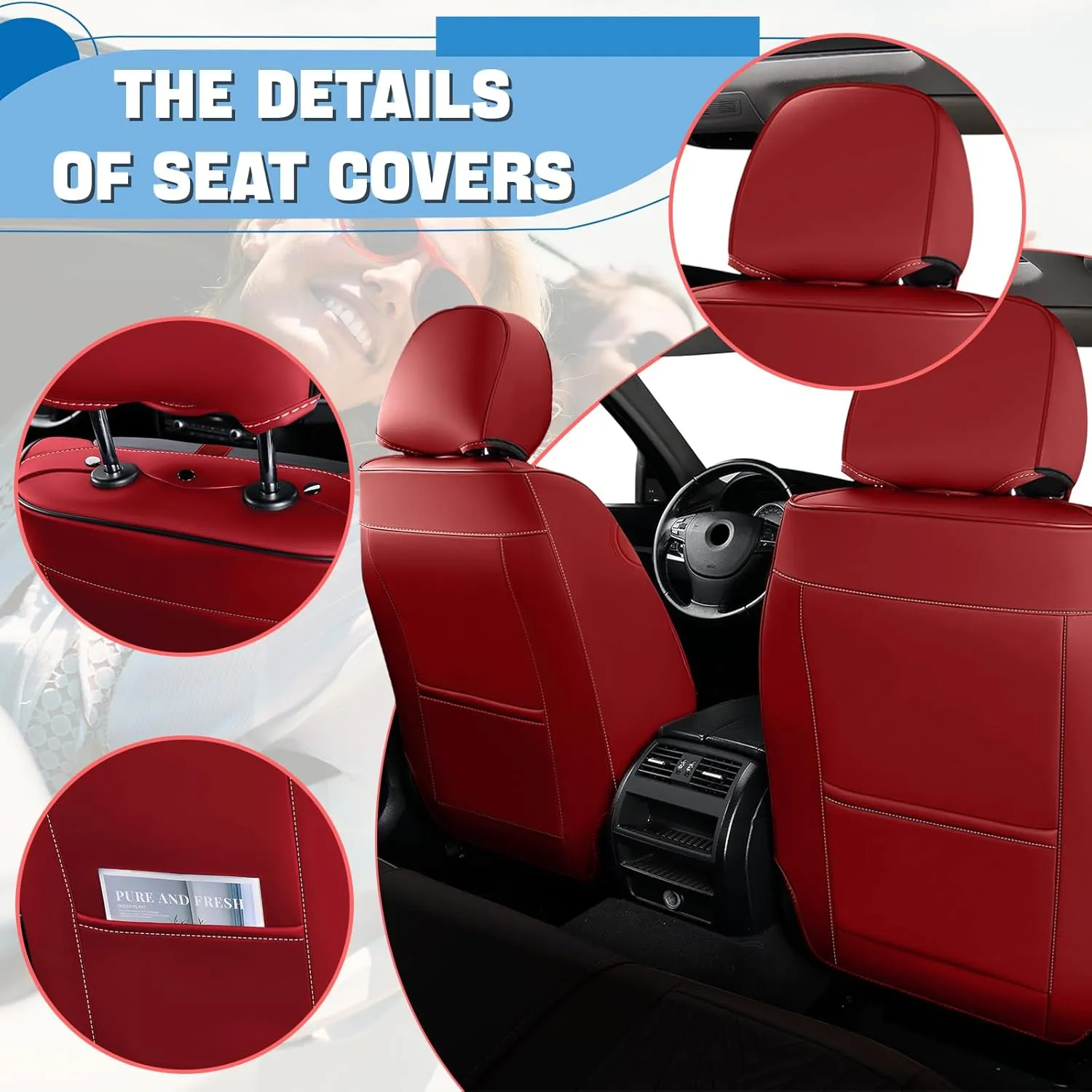 Car Seat Covers Fit for Porsche Macan 2015-2024 - Premium Nappa Leather Side Airbag Compatibility Car Seat Protectors(Full Set with Pillow, Black & Red)