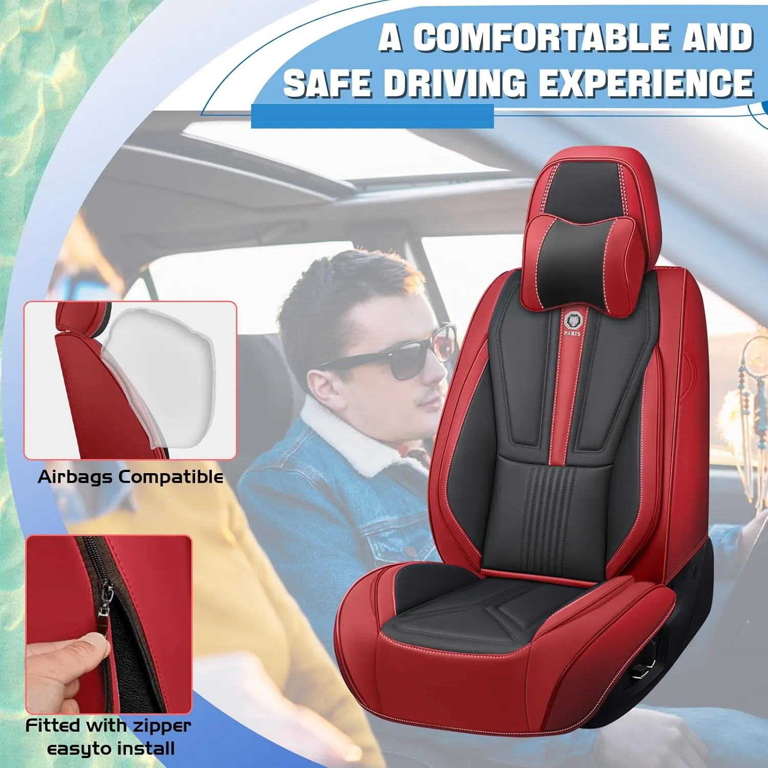 Car Seat Covers Fit for Porsche Macan 2015-2024 - Premium Nappa Leather Side Airbag Compatibility Car Seat Protectors(Full Set with Pillow, Black & Red)