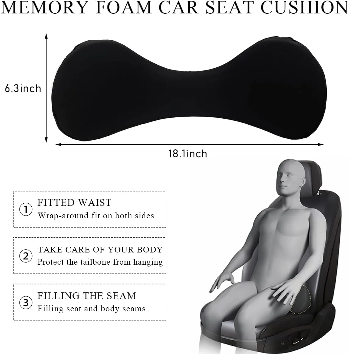 Car Seat Cushion, Memory Foam Pillow Auto Back Support for Sciatica Pain Relief, Automotive Lumbar Support Pillow for Lower Back Pain Relief, Universal Car Accessories (Black)
