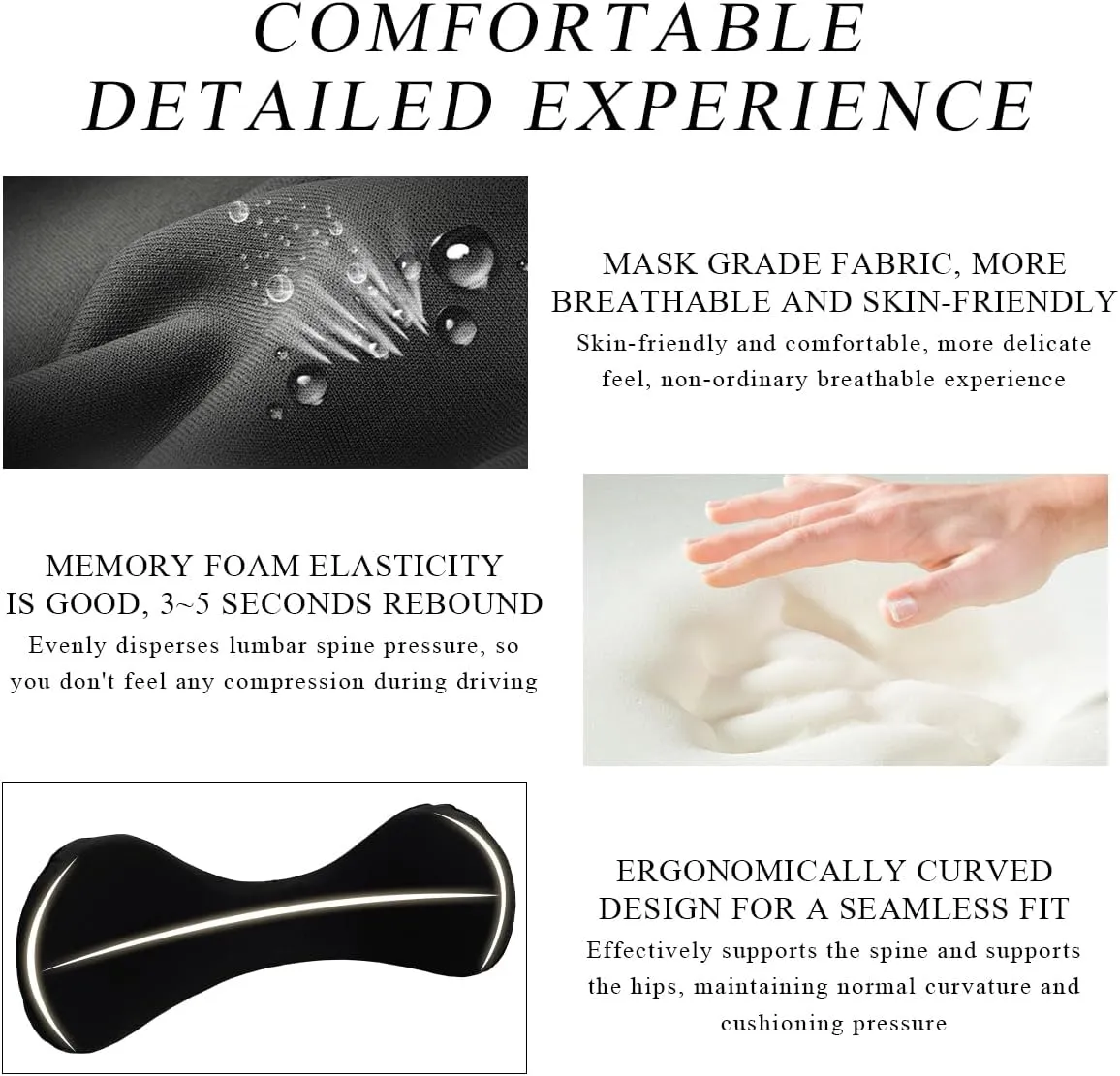 Car Seat Cushion, Memory Foam Pillow Auto Back Support for Sciatica Pain Relief, Automotive Lumbar Support Pillow for Lower Back Pain Relief, Universal Car Accessories (Black)