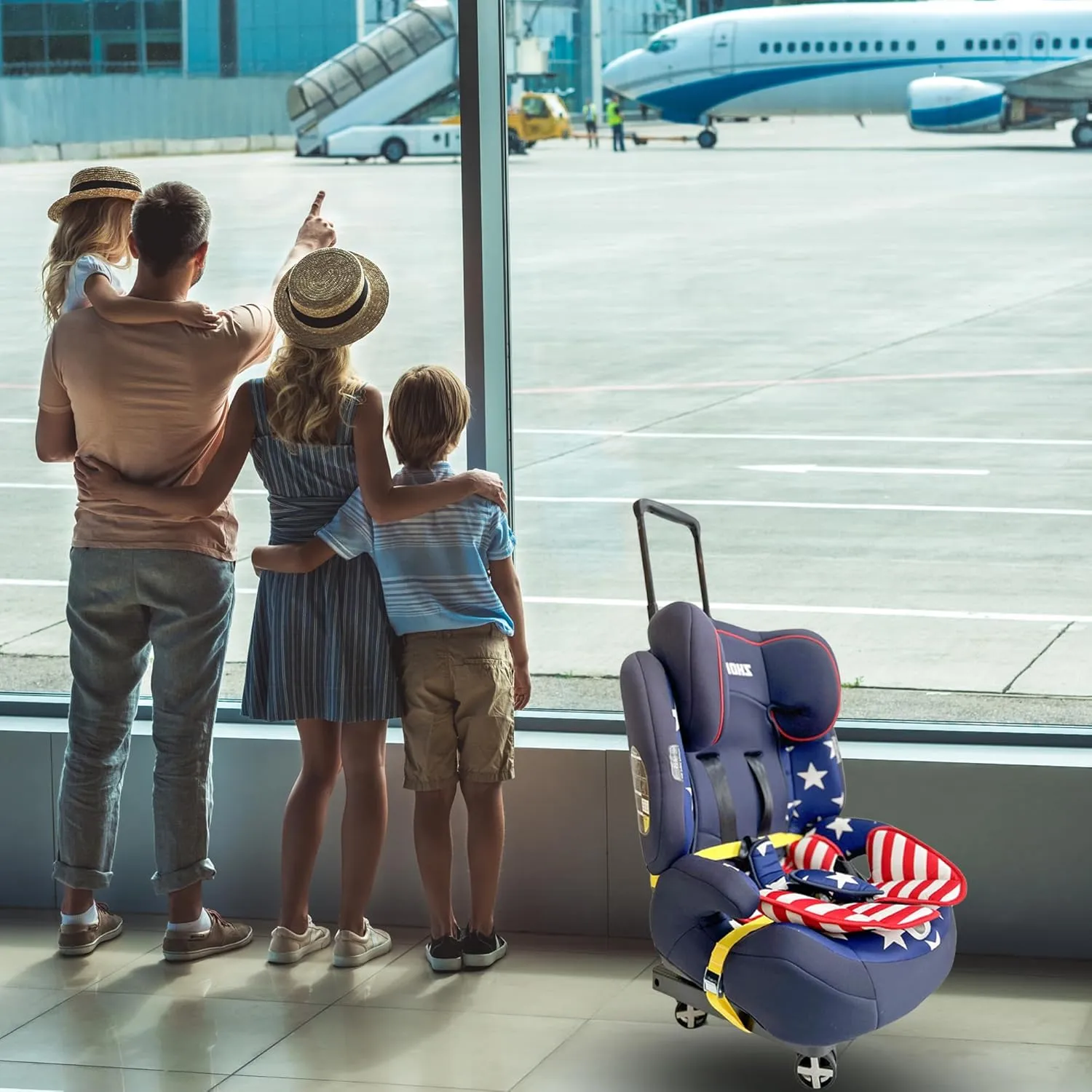 Car Seat Dolly for Airport - CarSeat Roller Cart Wheels for Airplane - Car Seat Travel Cart Carrier with Straps Trolley Foldable Luggage Trolley (Yellow)