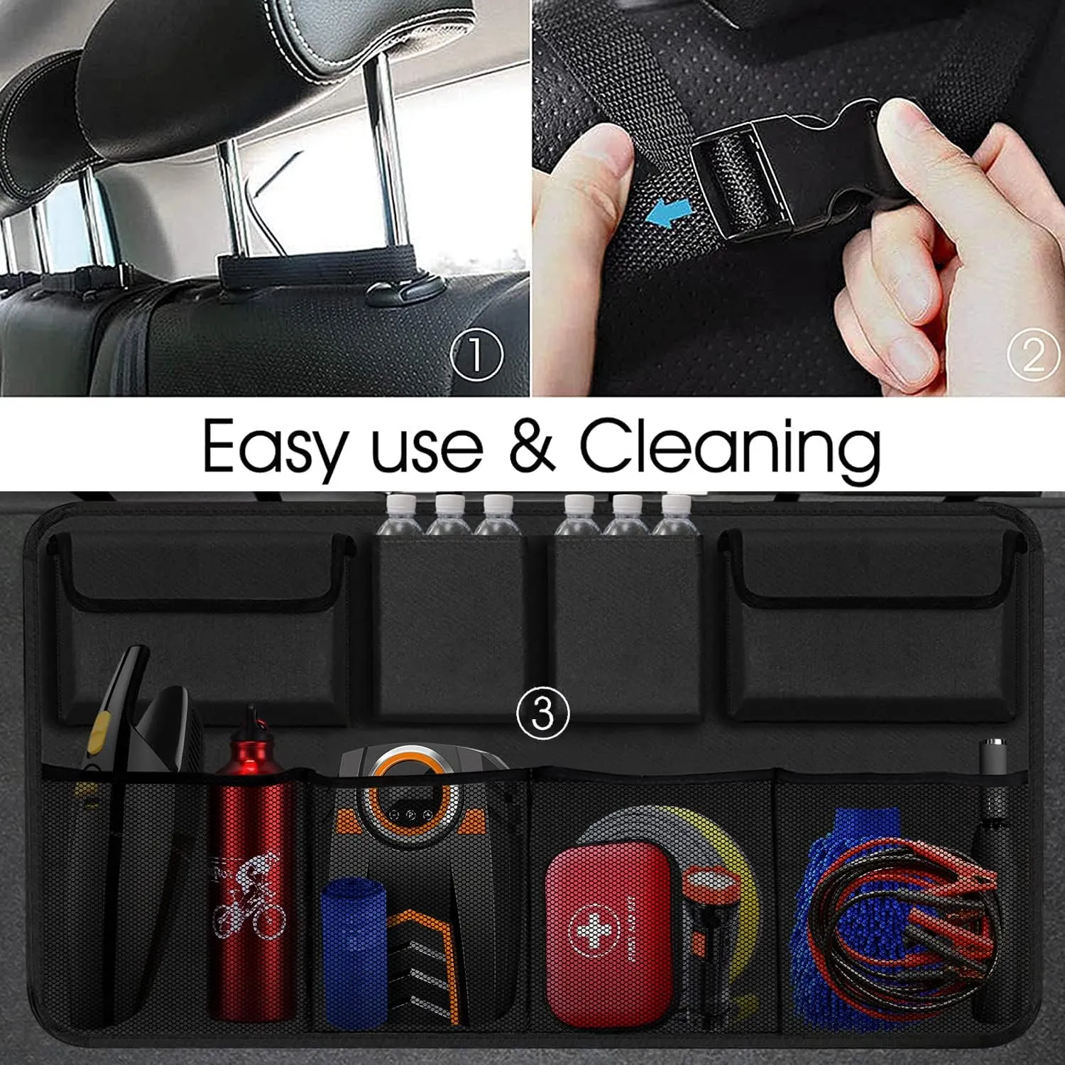 Car Trunk Organizer & Backseat Hanging Organizer with 8 Large Storage Bags - Super Capacity with 30% Extra Storage Space for SUVs,Trucks,Vans -Ultimate Car Organization for a Clutter-Free Space-Black