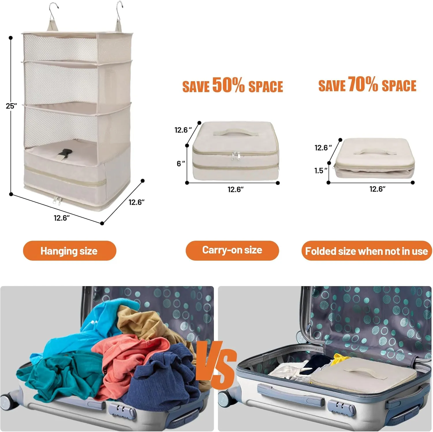 Caroeas Portable Hanging Travel Shelves Bag, Travel Packing Cube Organizer Suitcase Storage for Luggage, Carry on Closet for Clothes, 4-Shelf Suitcase Closet with 2 Hooks, Large Capacity, Beige