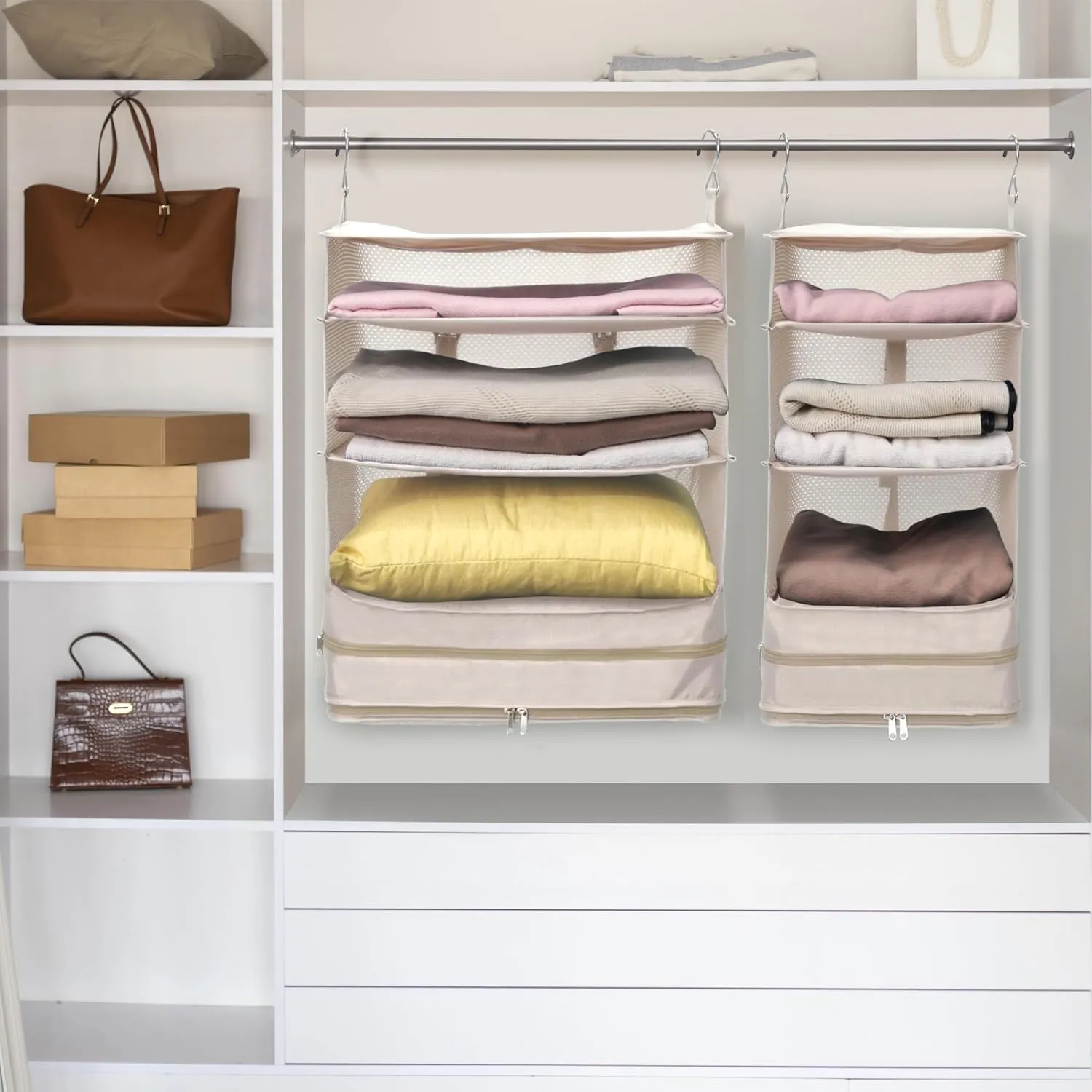 Caroeas Portable Hanging Travel Shelves Bag, Travel Packing Cube Organizer Suitcase Storage for Luggage, Carry on Closet for Clothes, 4-Shelf Suitcase Closet with 2 Hooks, Large Capacity, Beige
