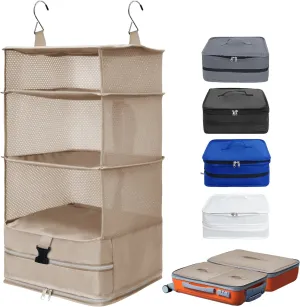 Caroeas Portable Hanging Travel Shelves Bag, Travel Packing Cube Organizer Suitcase Storage for Luggage, Carry on Closet for Clothes, 4-Shelf Suitcase Closet with 2 Hooks, Large Capacity, Beige