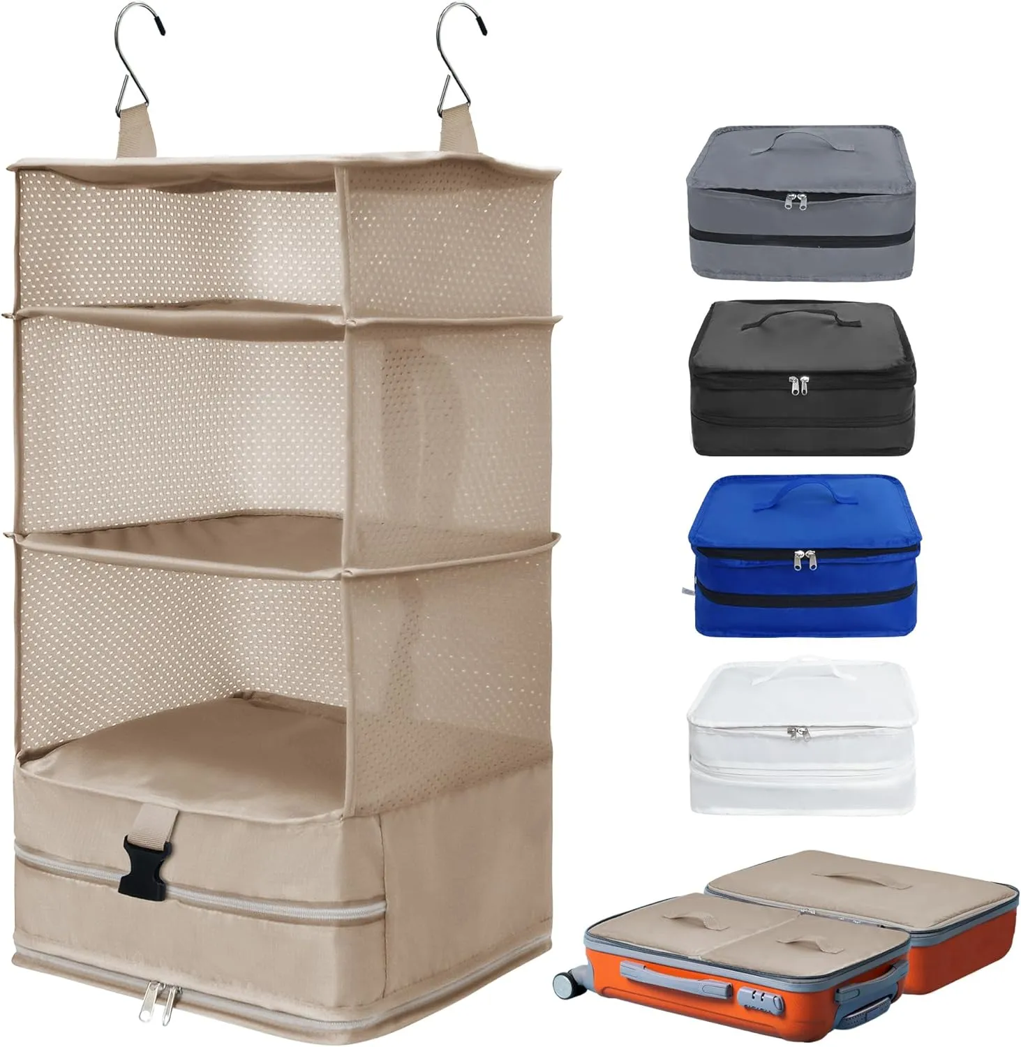 Caroeas Portable Hanging Travel Shelves Bag, Travel Packing Cube Organizer Suitcase Storage for Luggage, Carry on Closet for Clothes, 4-Shelf Suitcase Closet with 2 Hooks, Large Capacity, Beige