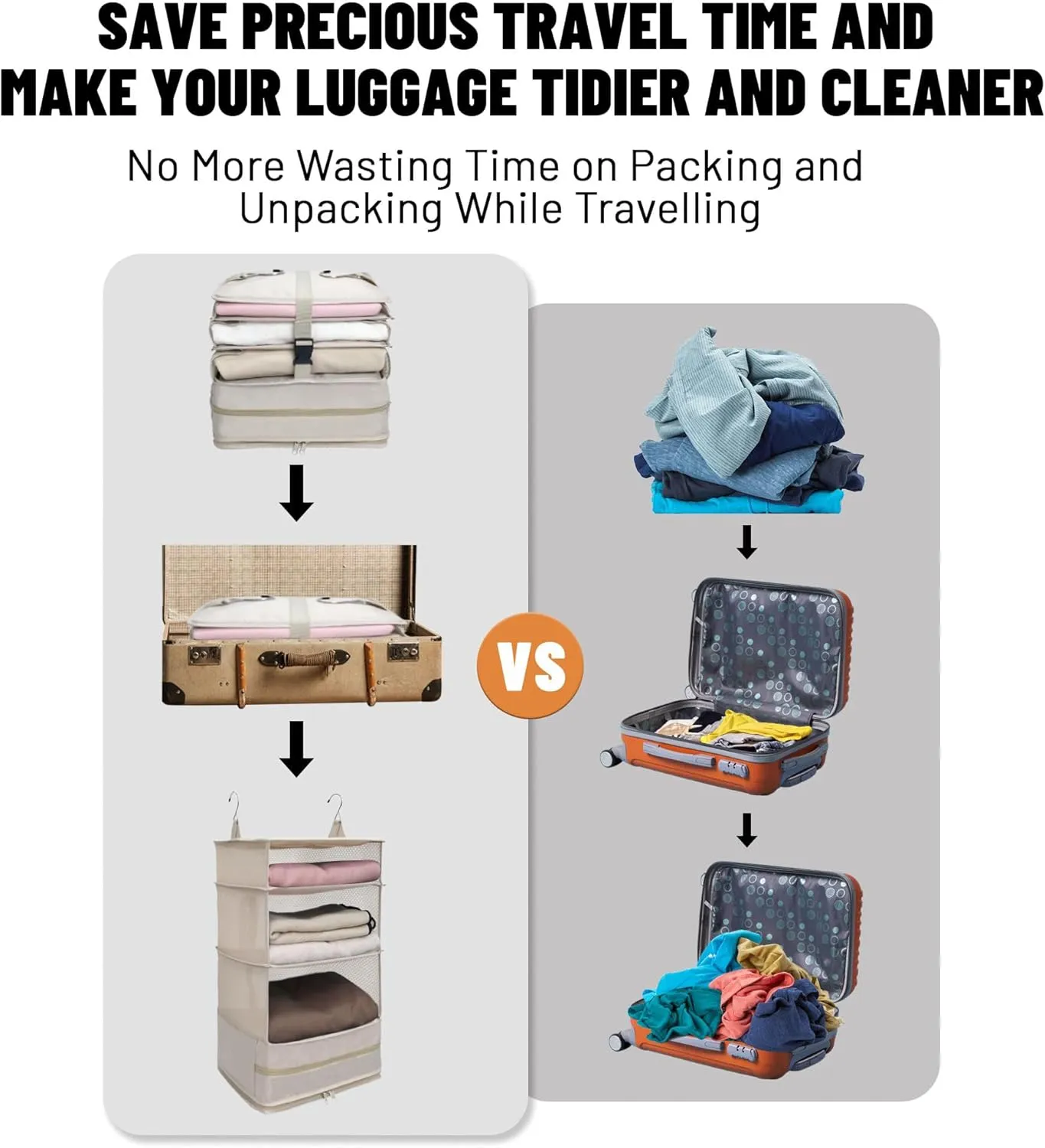 Caroeas Portable Hanging Travel Shelves Bag, Travel Packing Cube Organizer Suitcase Storage for Luggage, Carry on Closet for Clothes, 4-Shelf Suitcase Closet with 2 Hooks, Large Capacity, Beige