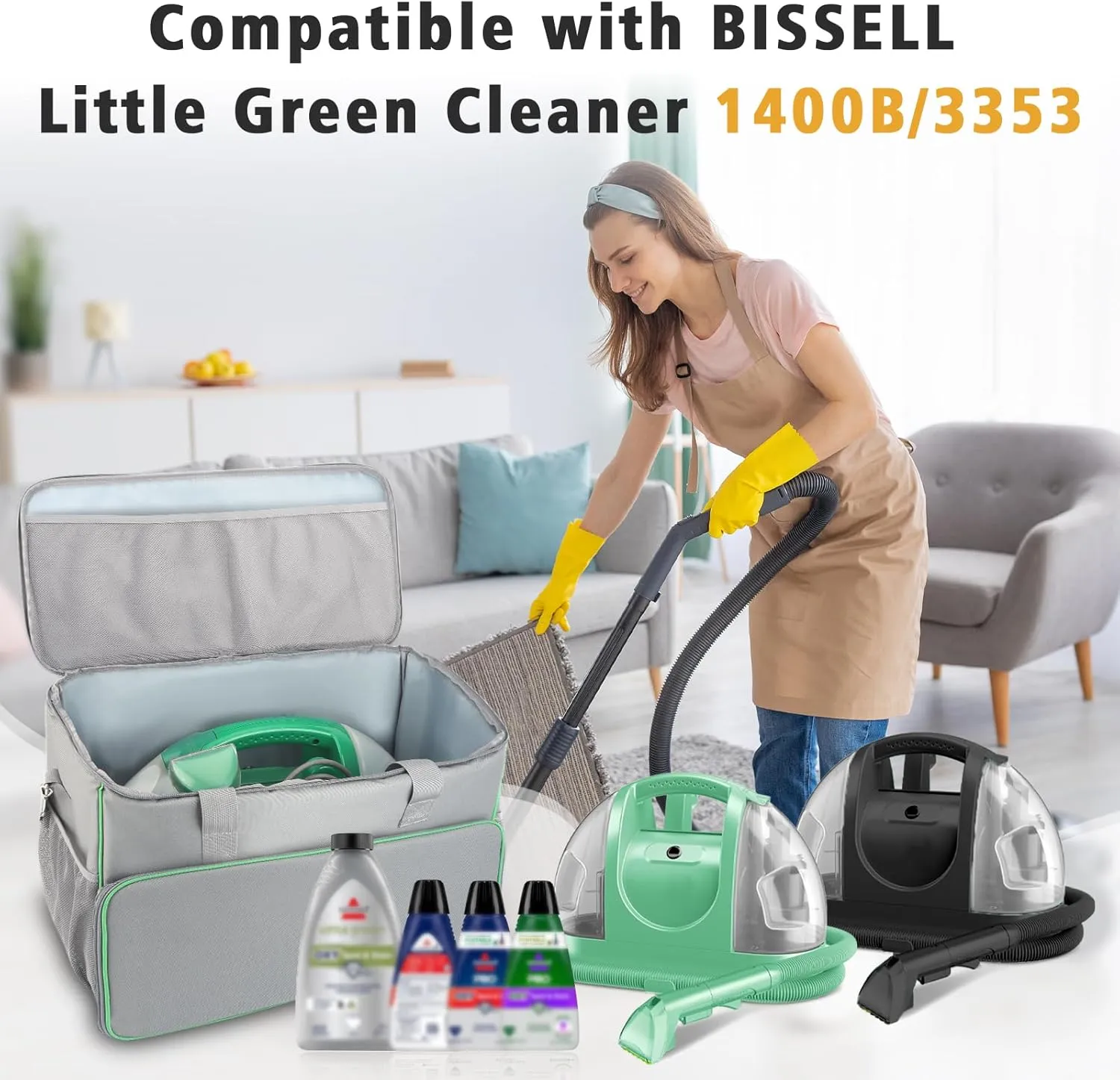 Carry Bag for Bissell Little Green Machine 1400B, Large Storage Bag Carrying Case for Bissell Carpet Cleaner, Car Vacuum Attachments Cleaning Tools Organizer, Cleaner Solution Pocke, Grey(Bag Only)