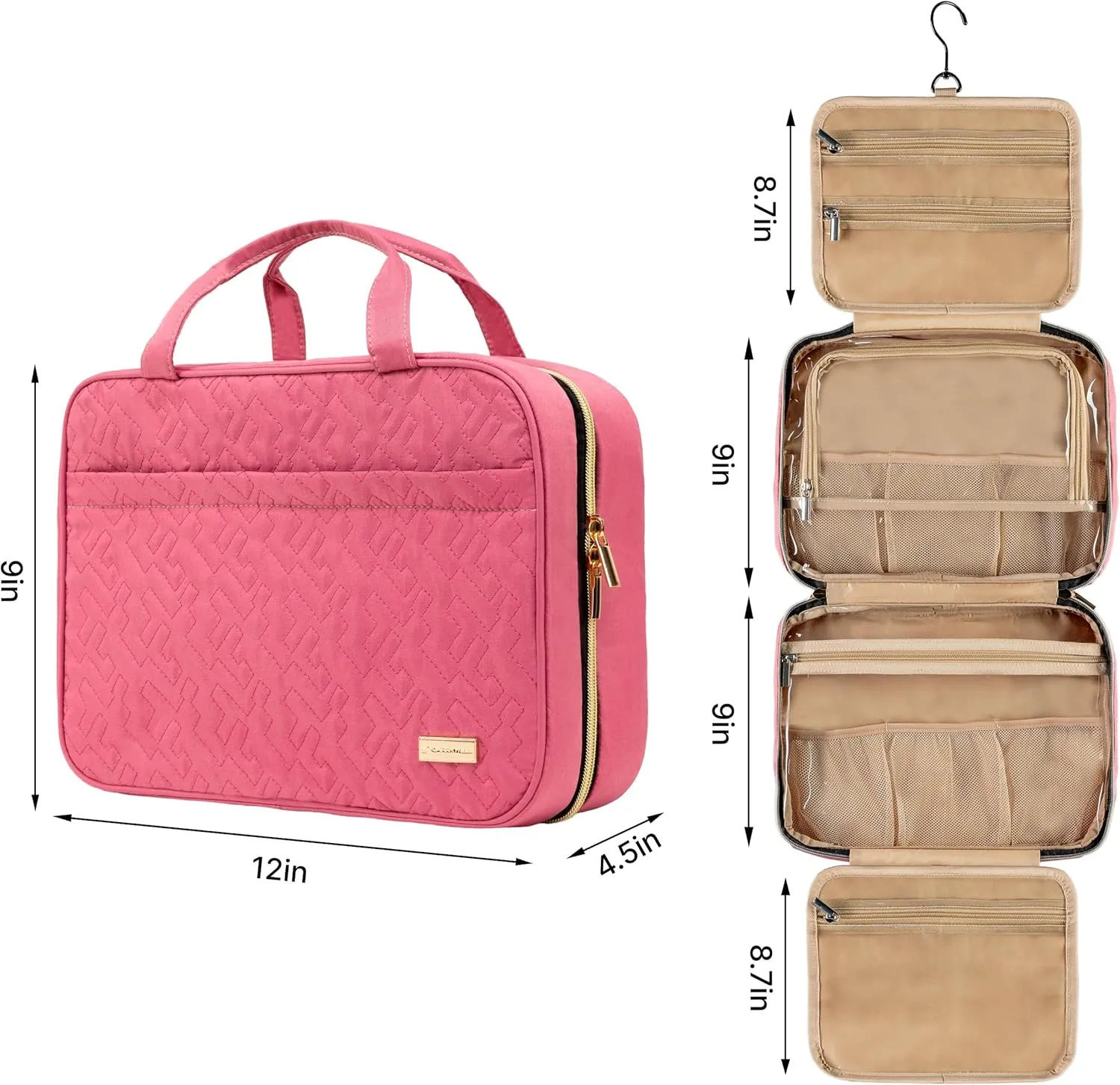 Carrywell (Not Made In China) Hanging Toiletry Bag For Women, Travel Toiletry Organizer, Water-Resistant Cosmetic Organizer for Accessories, Shampoo, Full-size Containers (Rosewood Pink, Medium)