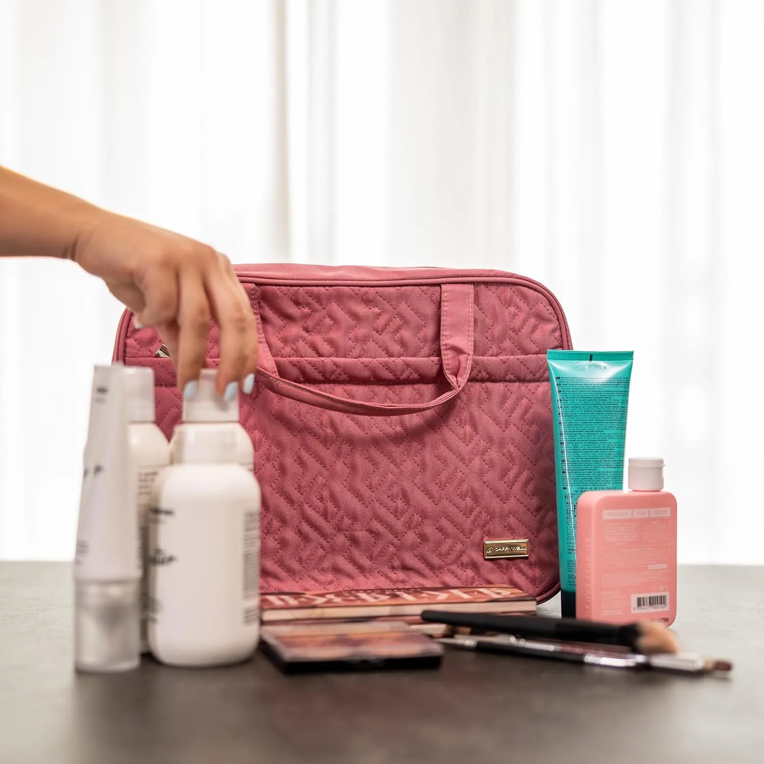 Carrywell (Not Made In China) Hanging Toiletry Bag For Women, Travel Toiletry Organizer, Water-Resistant Cosmetic Organizer for Accessories, Shampoo, Full-size Containers (Rosewood Pink, Medium)