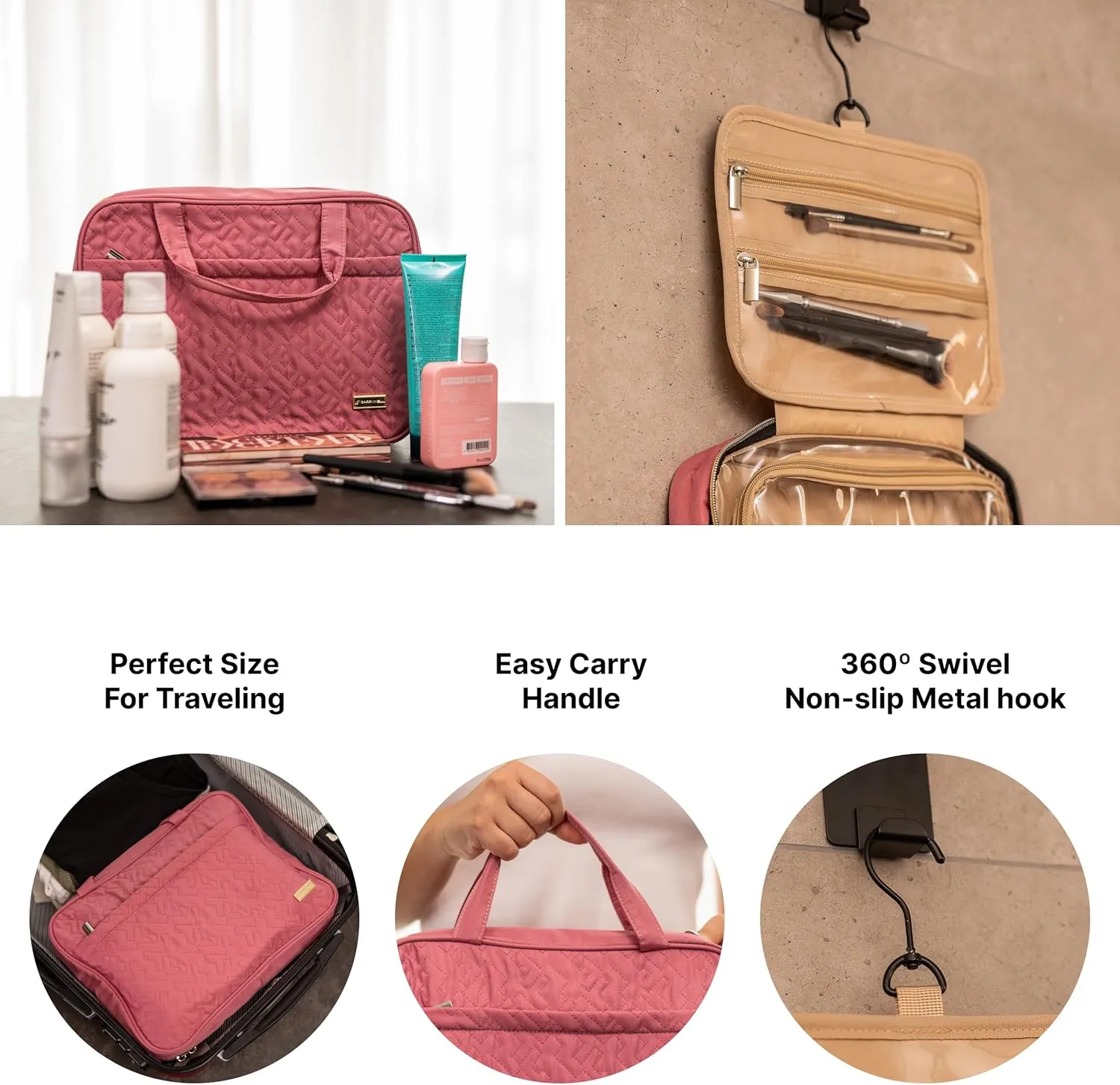 Carrywell (Not Made In China) Hanging Toiletry Bag For Women, Travel Toiletry Organizer, Water-Resistant Cosmetic Organizer for Accessories, Shampoo, Full-size Containers (Rosewood Pink, Medium)