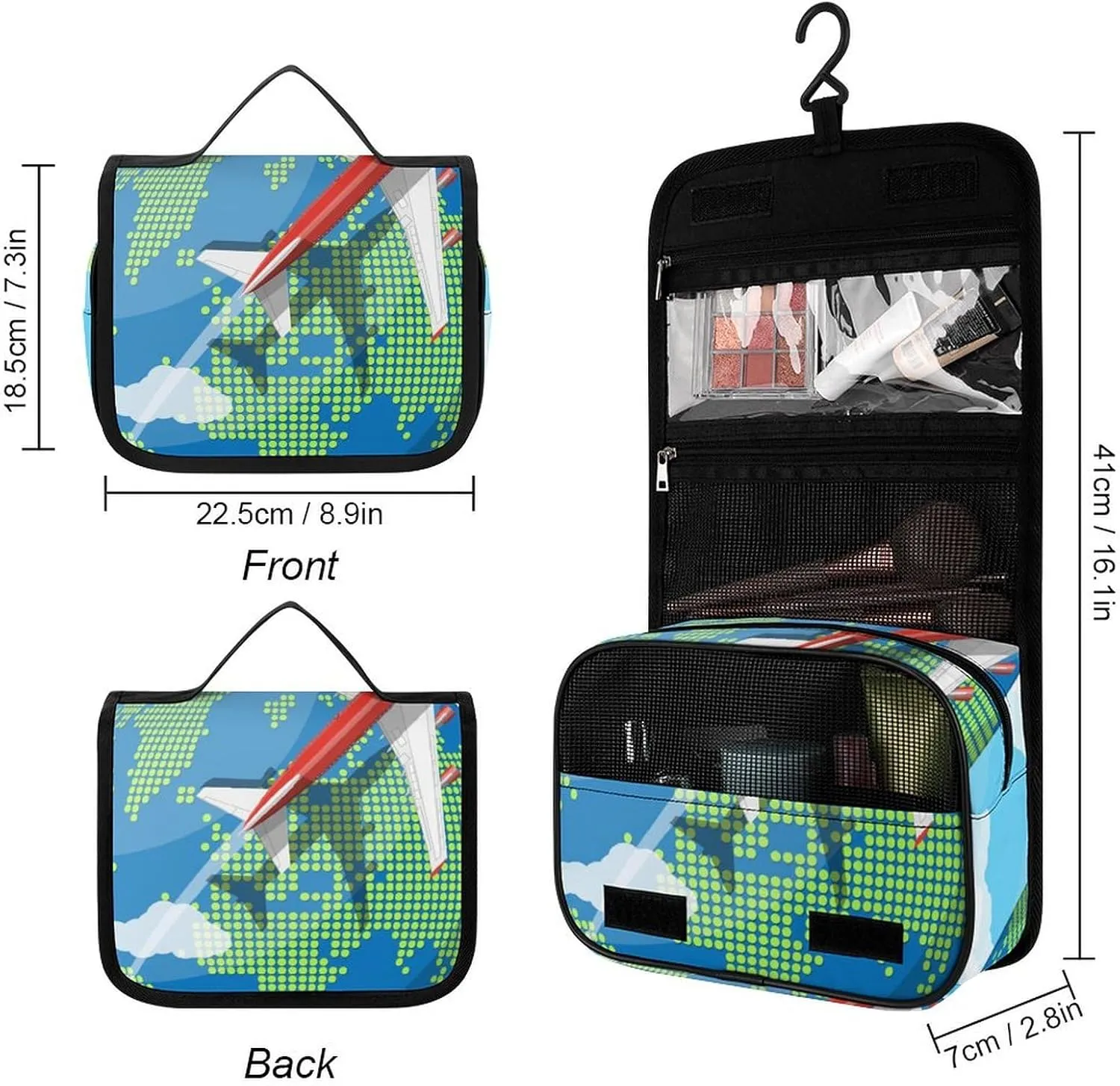 Cartoon Aircraft Hanging Toiletry Bag for Women, Earth Travel Toiletry Organizer with hanging hook, Water-resistant Makeup Travel Organizer for Toiletries
