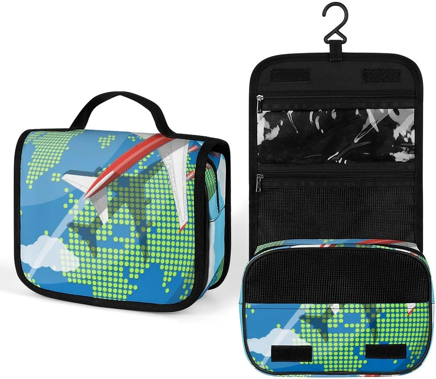 Cartoon Aircraft Hanging Toiletry Bag for Women, Earth Travel Toiletry Organizer with hanging hook, Water-resistant Makeup Travel Organizer for Toiletries