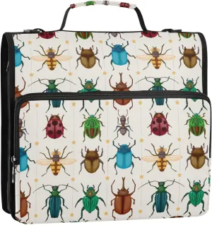 Cartoon Insect Bug Beetles Zipper Binder, 1.5 inch 3 Ring Binder Organizer Bag with Shoulder Strap and Handle, 500 Sheet Capacity