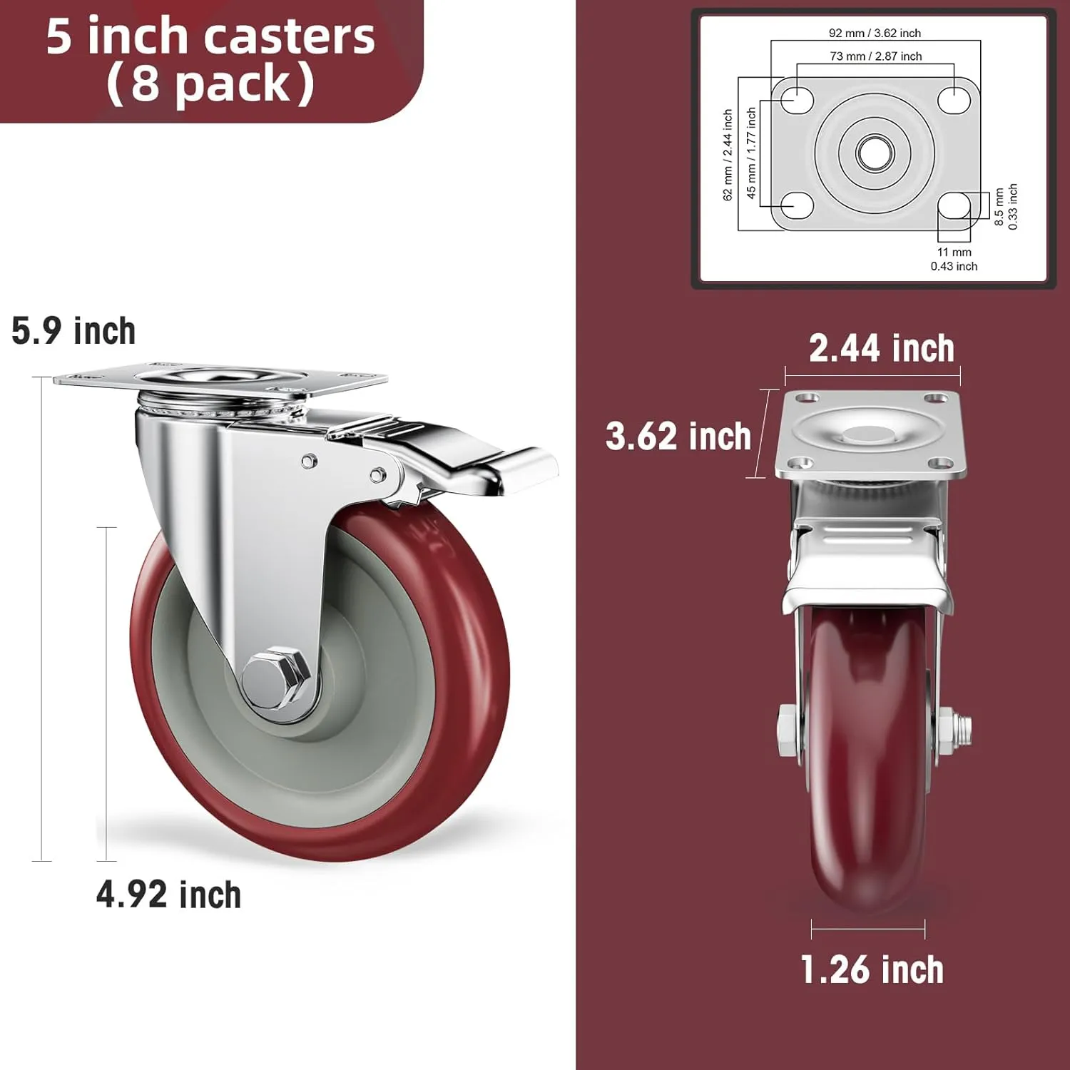 Casters Set of 8 Heavy Duty - Caster Wheels 5 Inch, CLOATFET Locking Castors, Swivel Casters with Brake (Top Plate), Double Ball Bearing Non Marking Castor Wheels for Cart Furniture Workbench